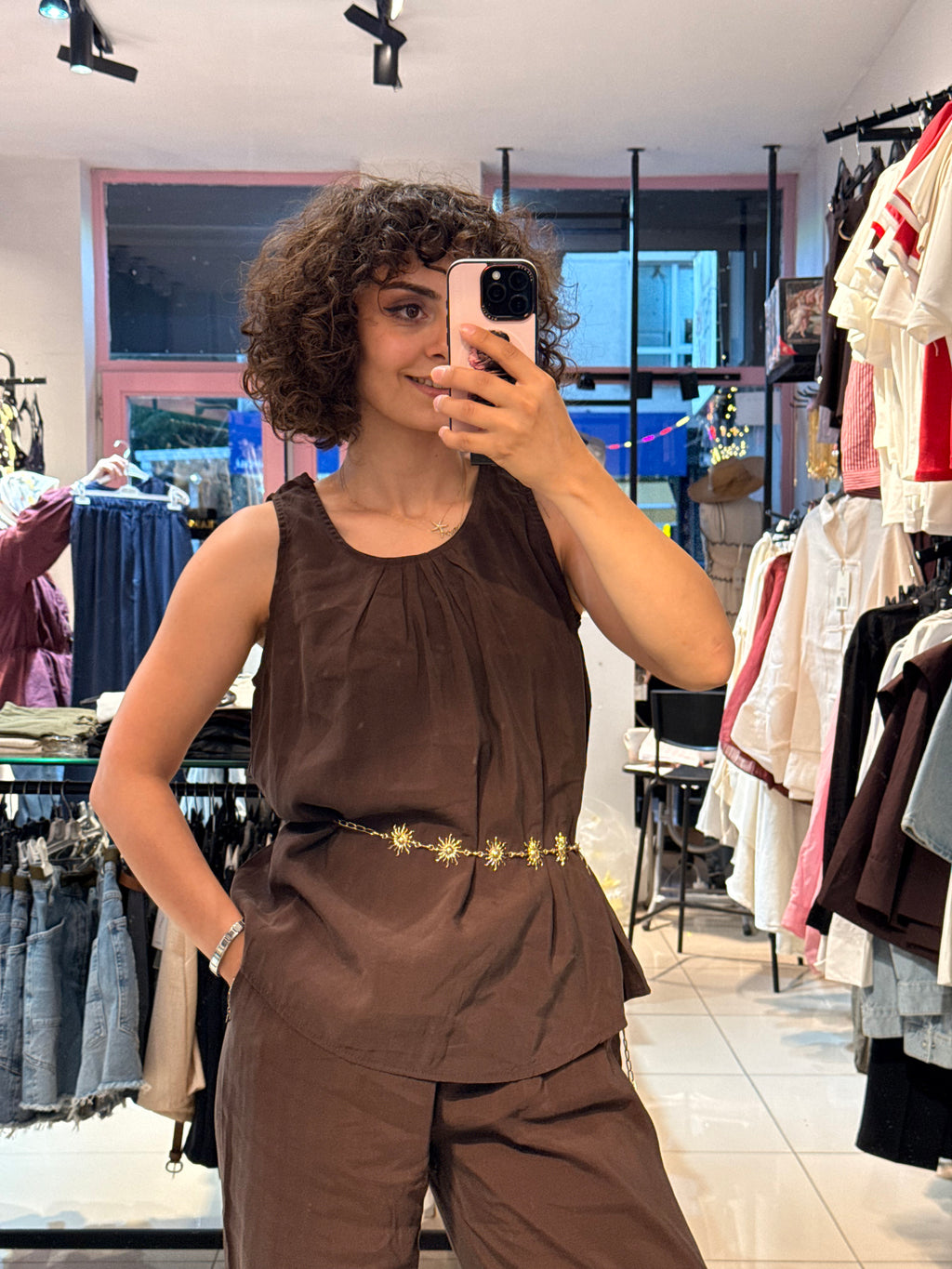 Kolsuz Bluz Pantolon Takım Kahve