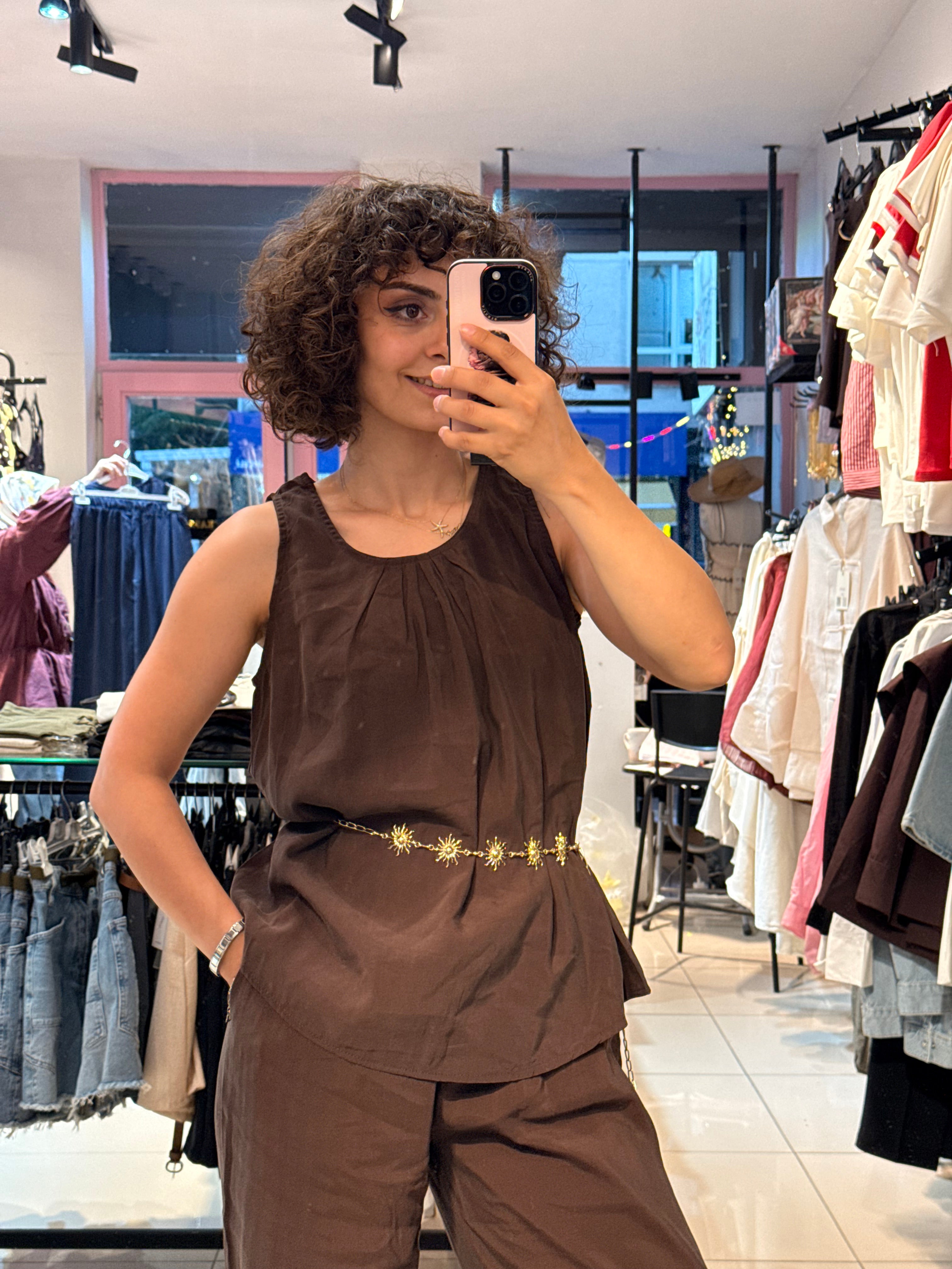 Kolsuz Bluz Pantolon Takım Kahve