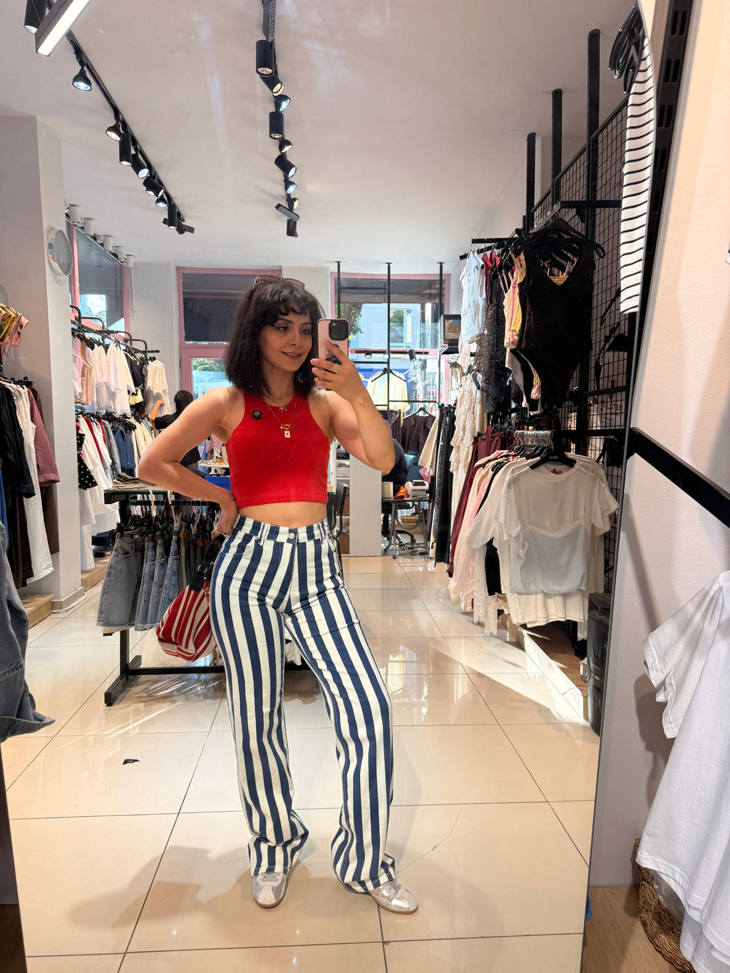 Çizgili Yüksek Bel Jean Pantolon