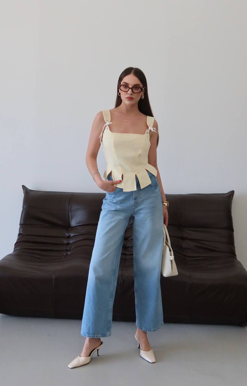 Açık Sarı Askılı Keten Korse Bluz