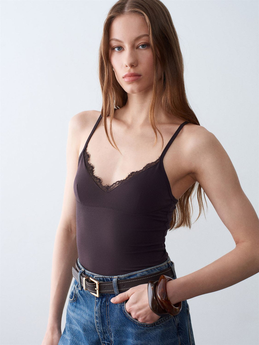 21191 Dilvin Dantelli Top-Koyu Kahve