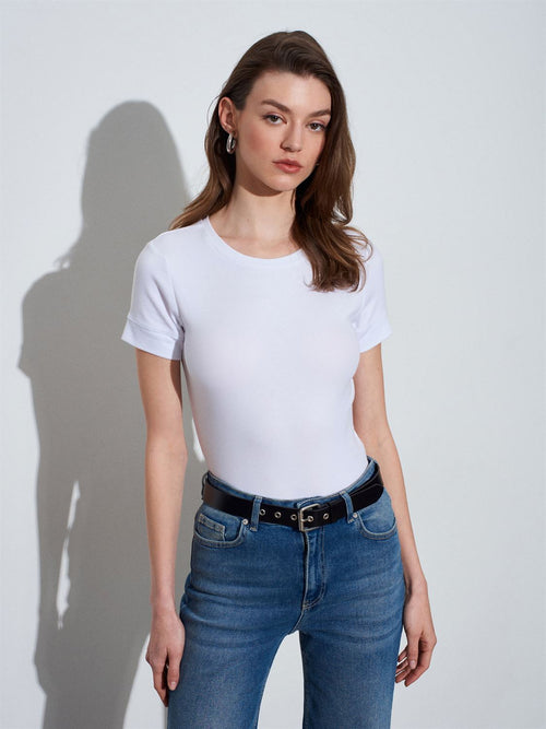 32637 Bisiklet Yaka T-Shirt-Beyaz