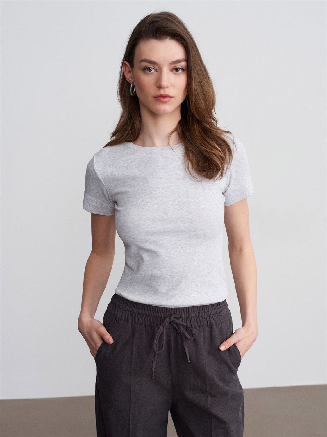32637 Bisiklet Yaka T-Shirt-Gri Melanj