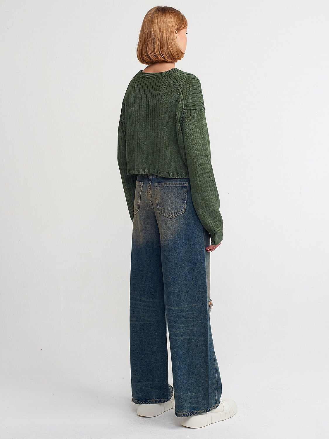 Destroylu Geniş Denim Pantolon-Tint
