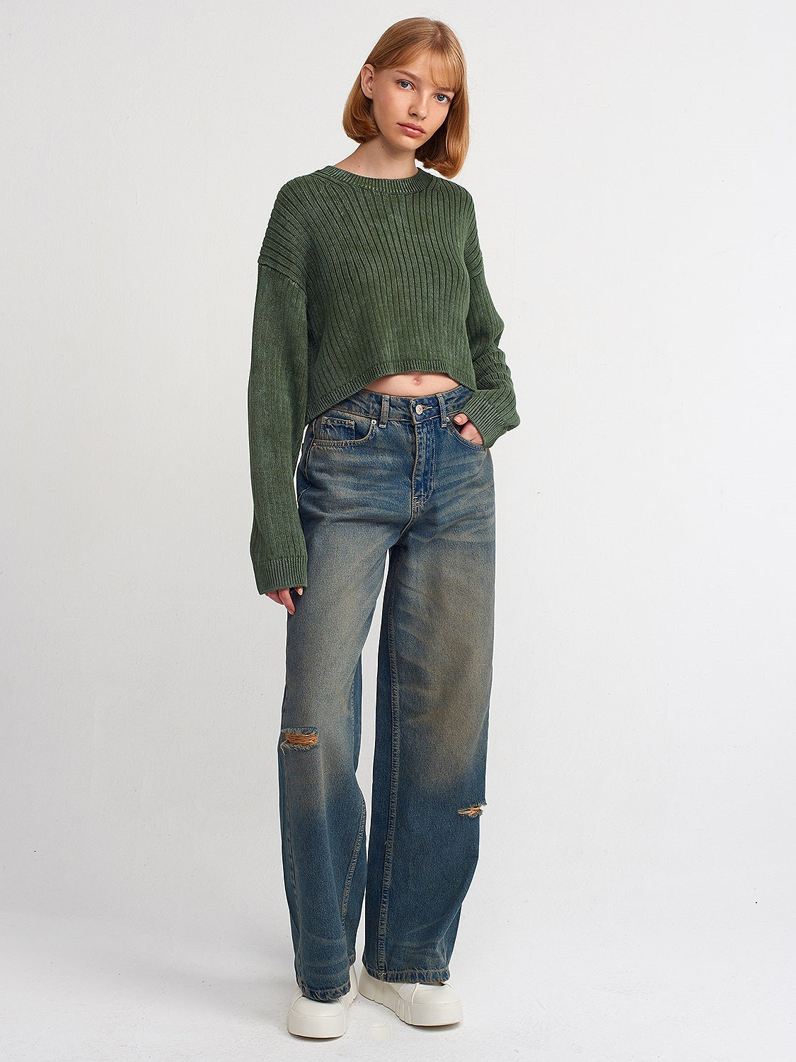 Destroylu Geniş Denim Pantolon-Tint