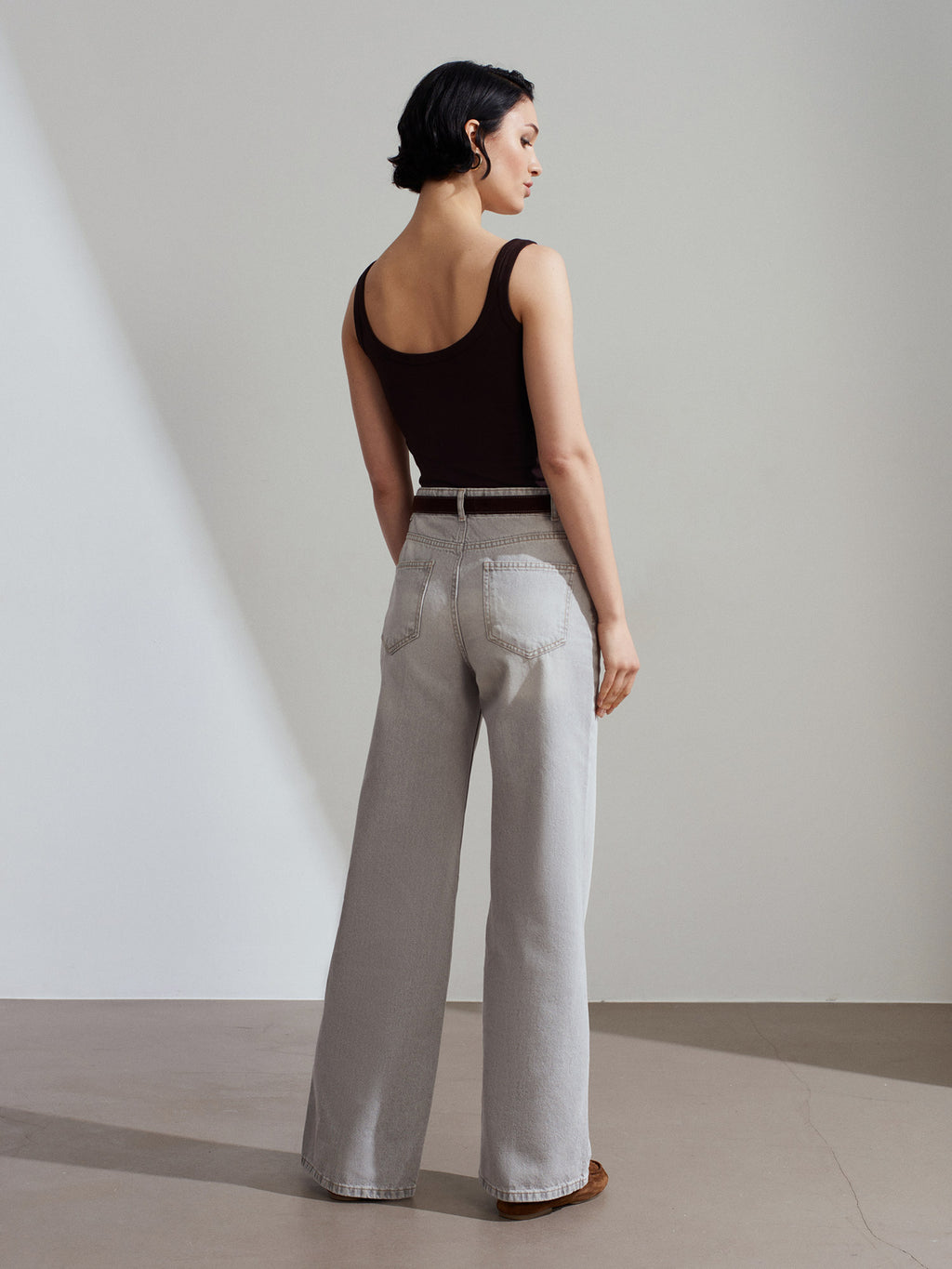 72288 %100 Pamuk Kemerli Wide Leg Jean-Gri