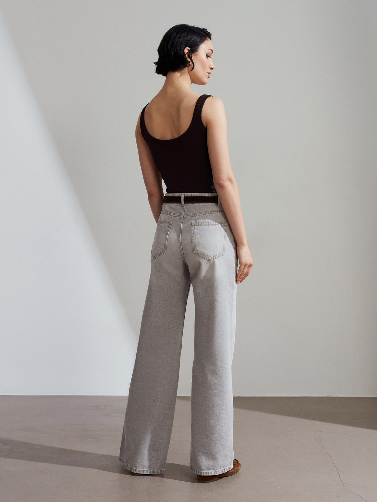 72288 %100 Pamuk Kemerli Wide Leg Jean-Gri