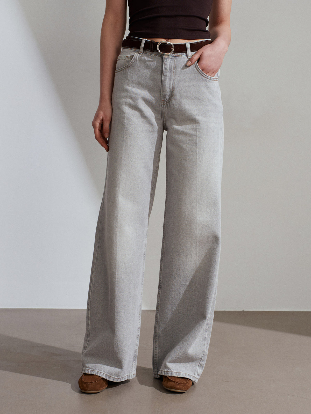 72288 %100 Pamuk Kemerli Wide Leg Jean-Gri