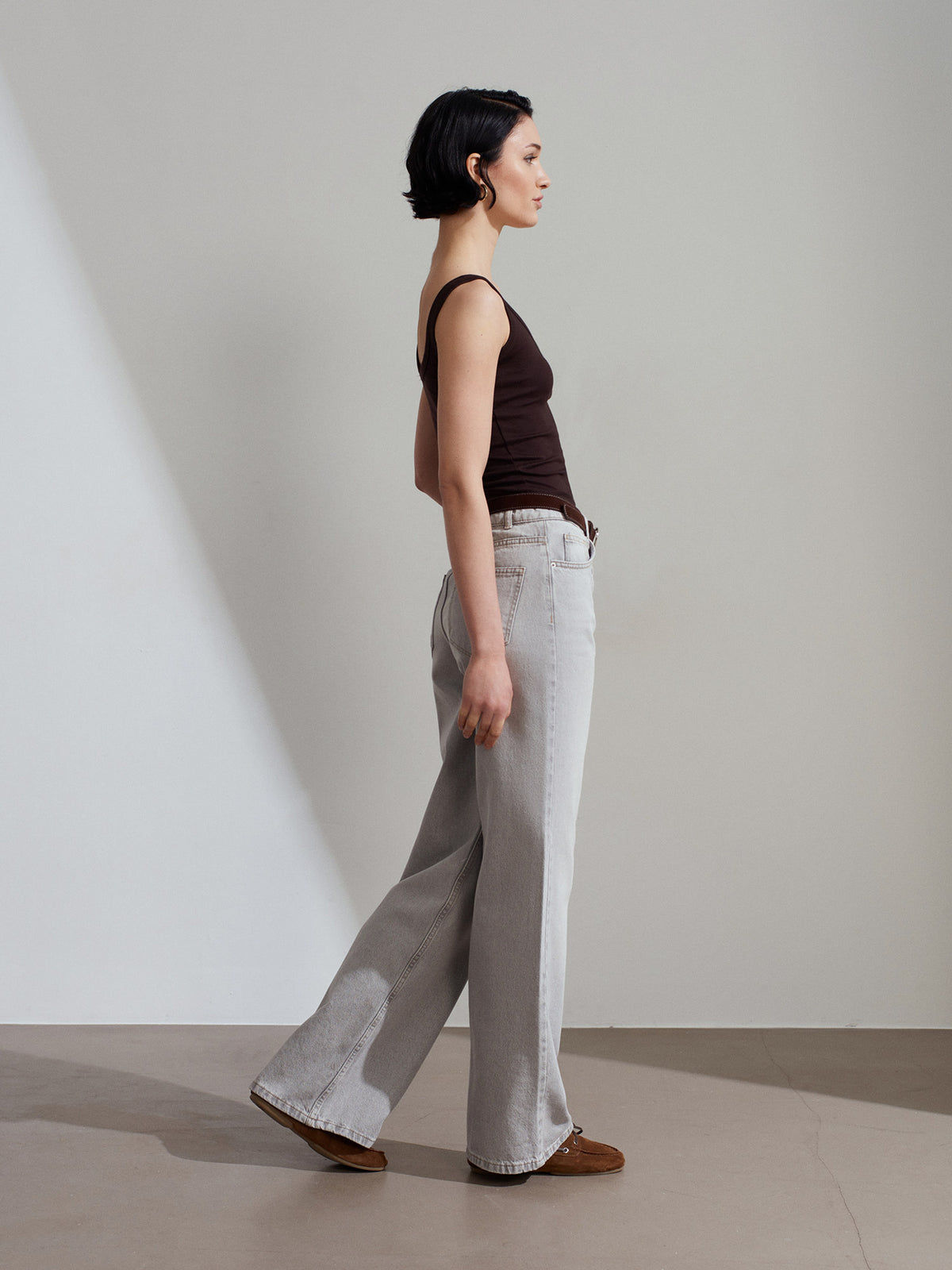 72288 %100 Pamuk Kemerli Wide Leg Jean-Gri
