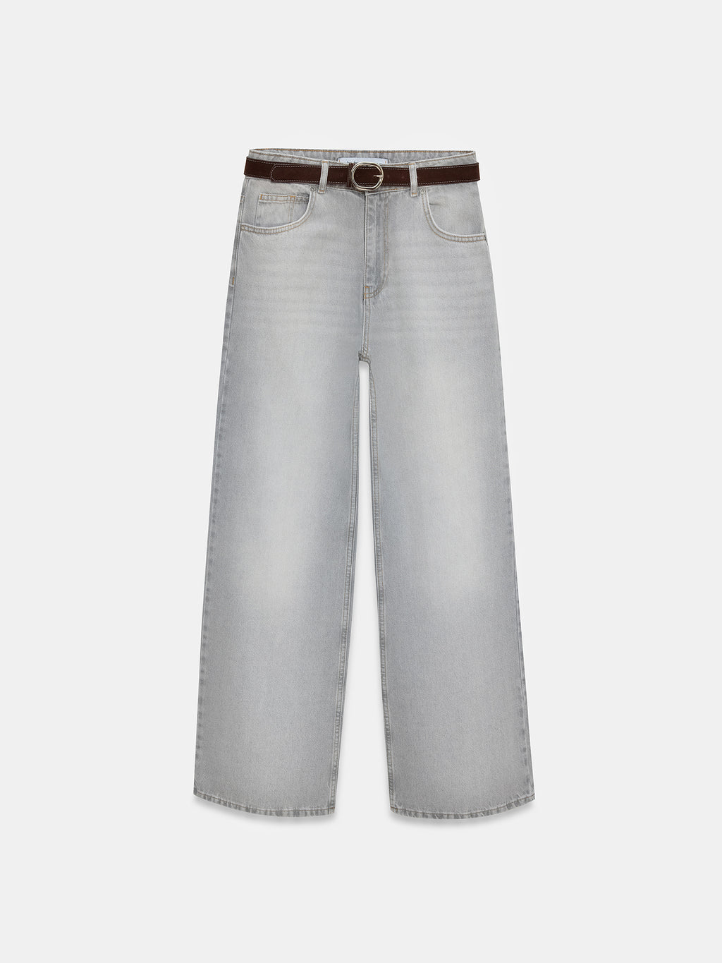 72288 %100 Pamuk Kemerli Wide Leg Jean-Gri