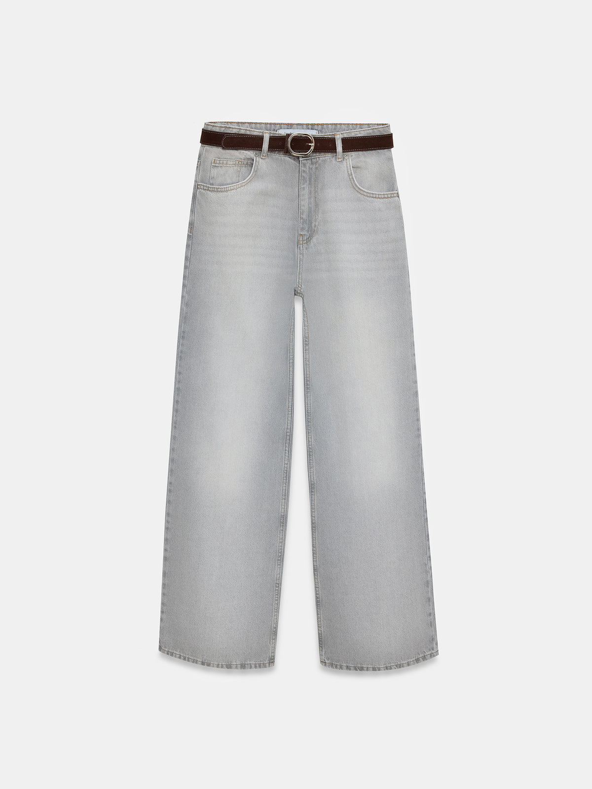 72288 %100 Pamuk Kemerli Wide Leg Jean-Gri