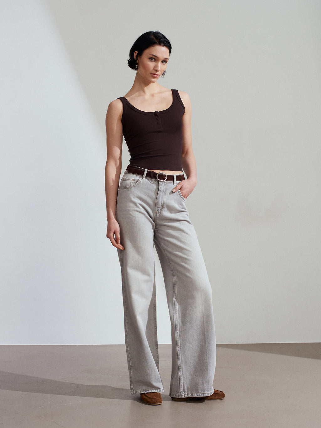 72288 %100 Pamuk Kemerli Wide Leg Jean-Gri