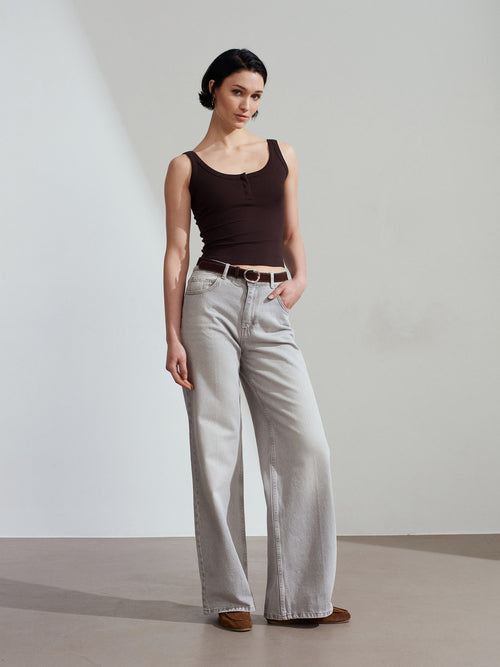 72288 %100 Pamuk Kemerli Wide Leg Jean-Gri