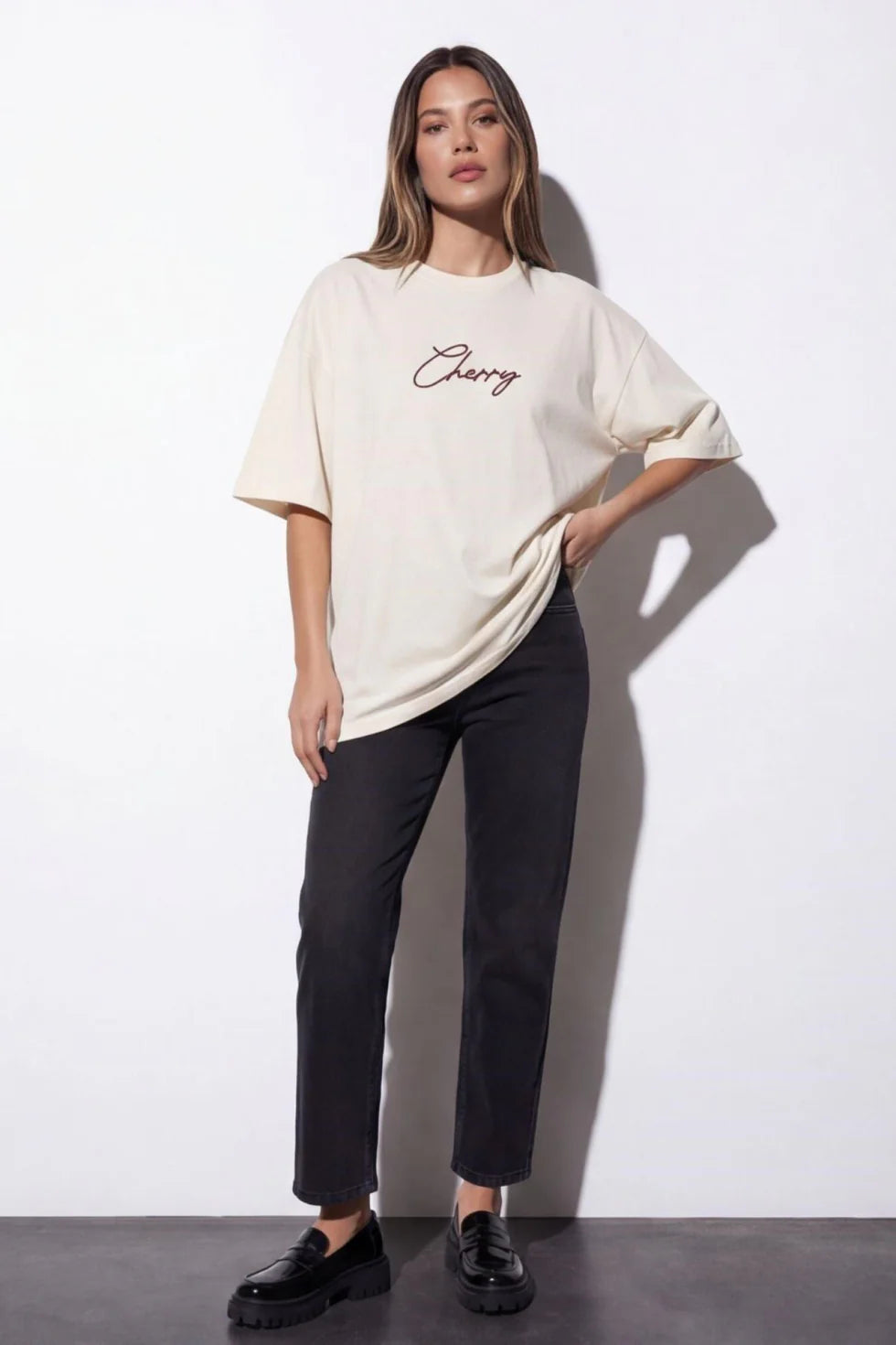 Baskı Nakış Detaylı T-shirt Ekru