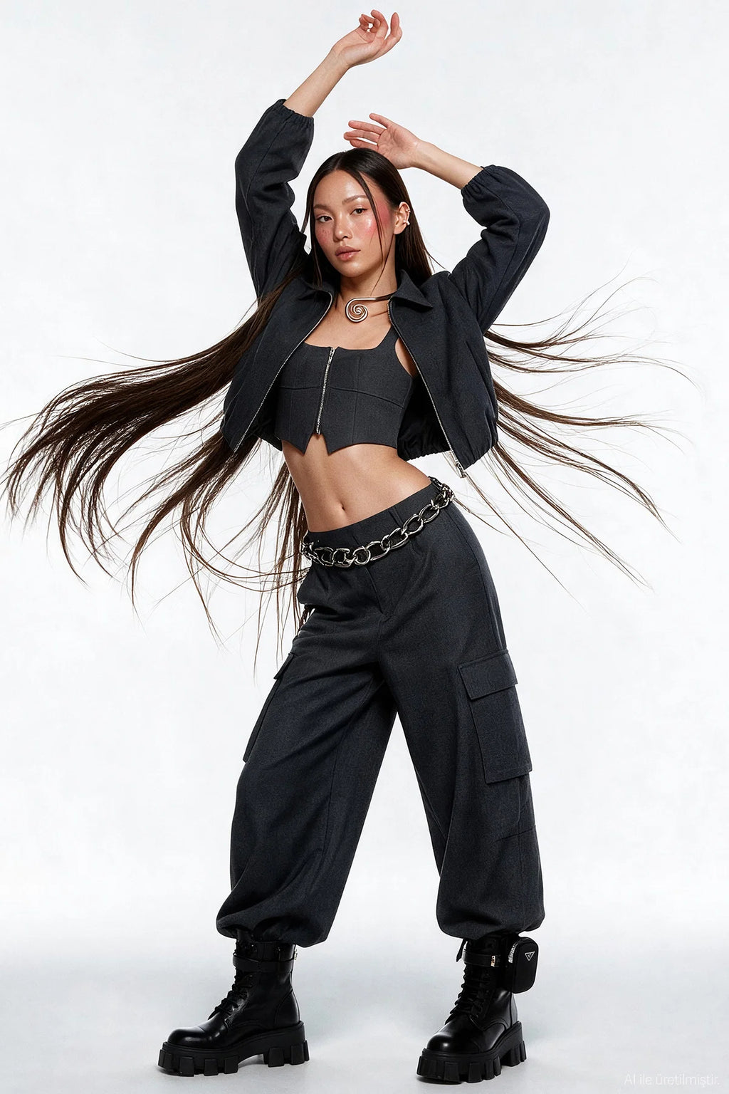 Kare Yaka Fermuarlı Crop Bluz Gri