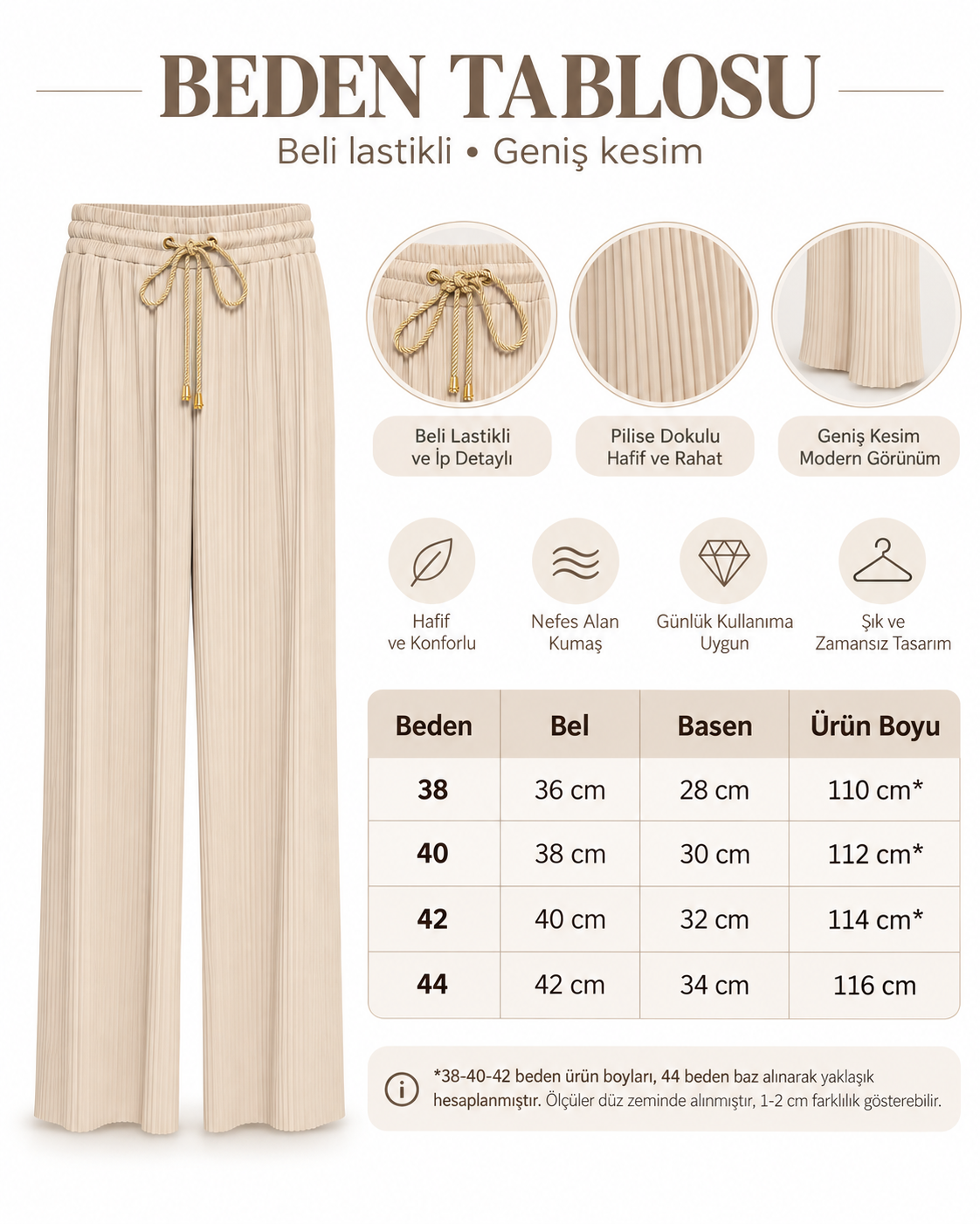 Pilise Dokulu Geniş Kesim Pantolon - Bej