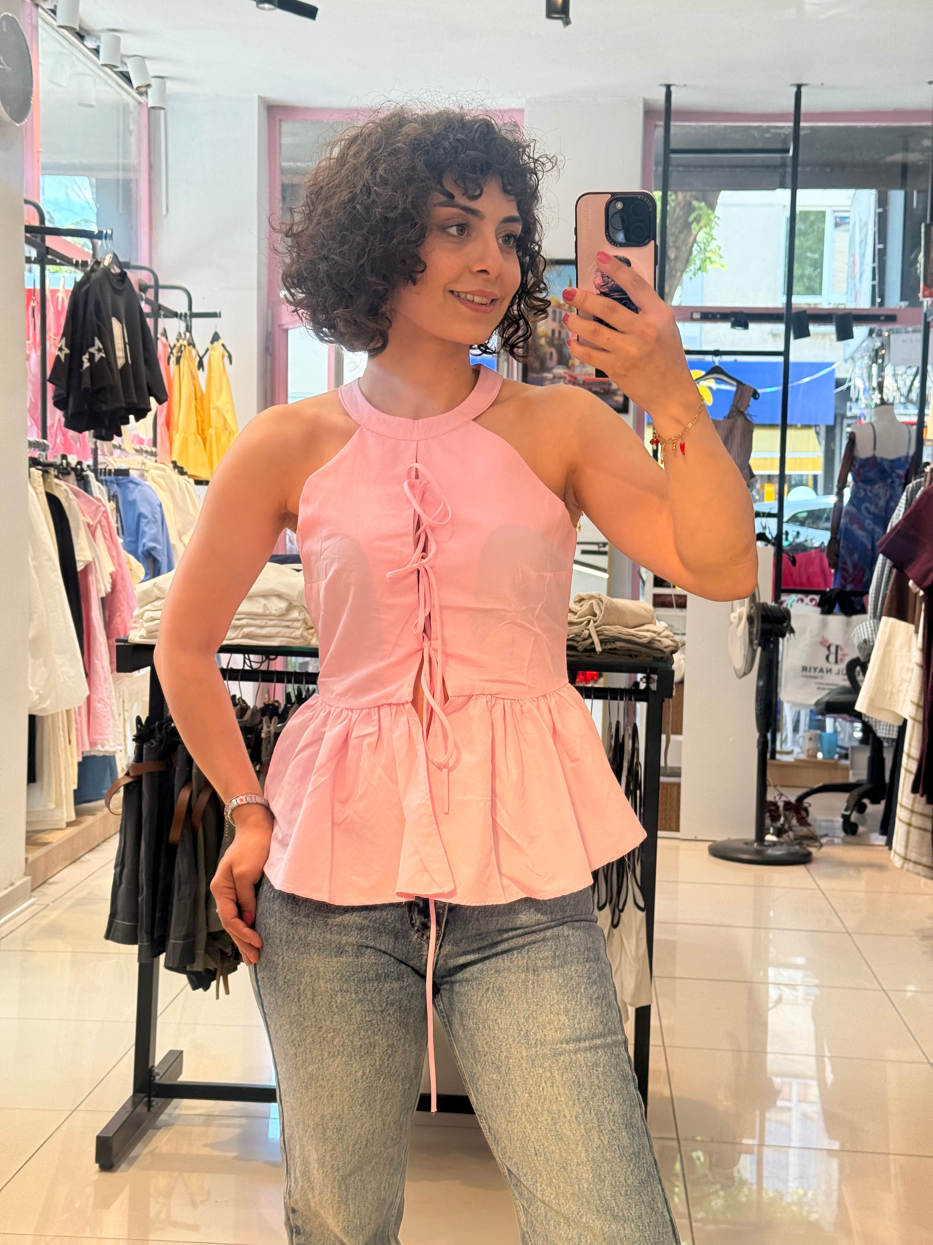 Bağcık Detaylı Peplum Bluz – Pembe