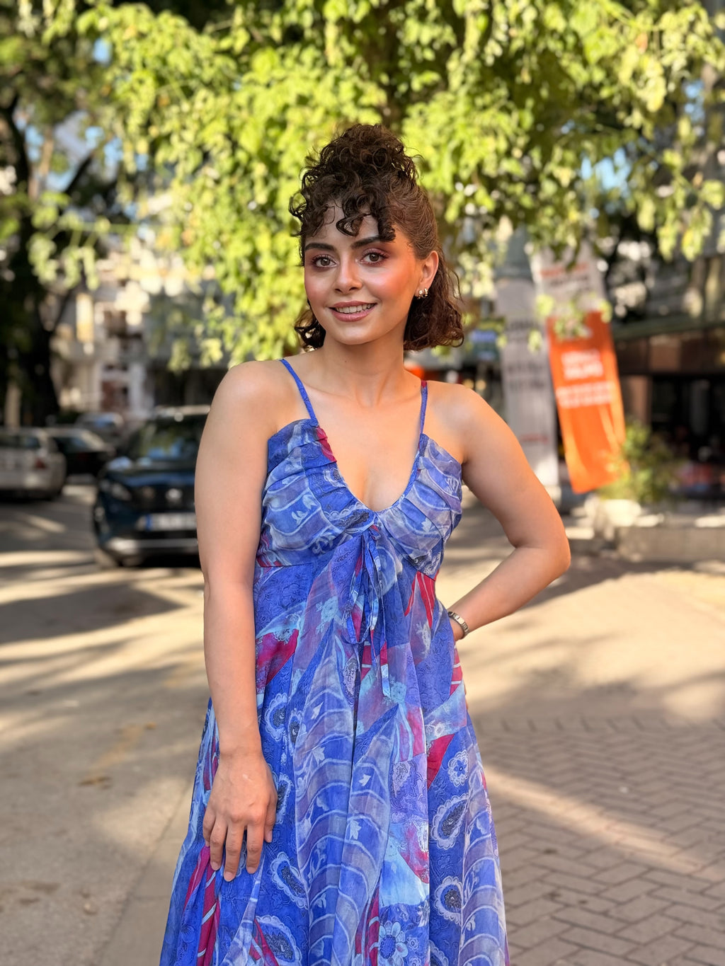 İp Askılı Şifon Elbise Mavi