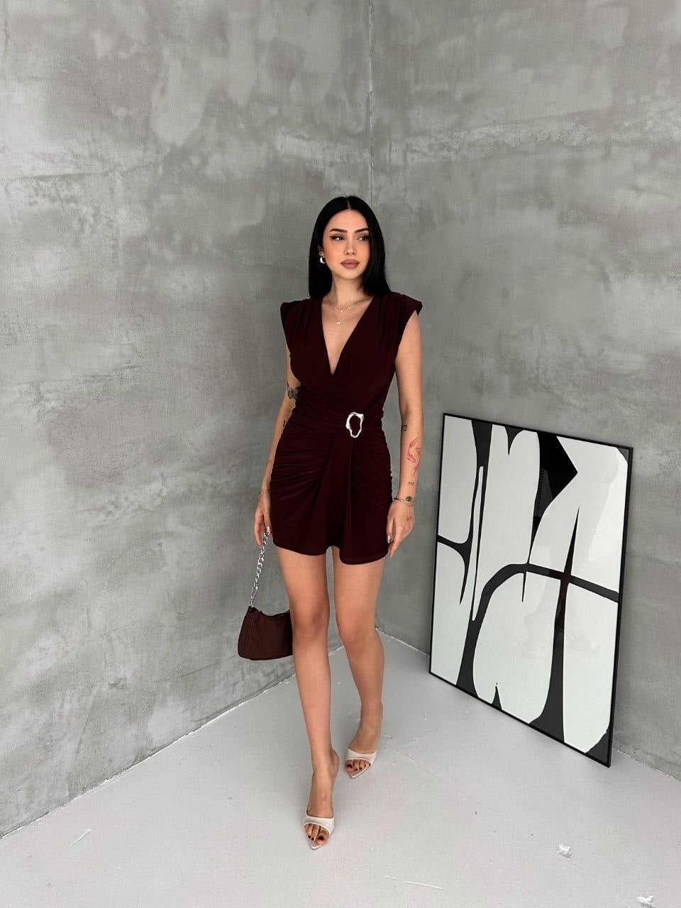 Sandy Kumaş Mini Elbise - Kahve