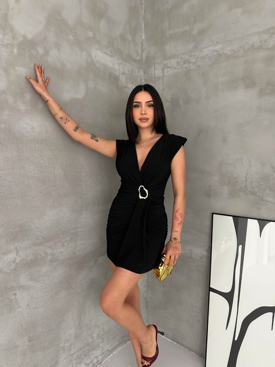 Sandy Kumaş Mini Elbise - Siyah