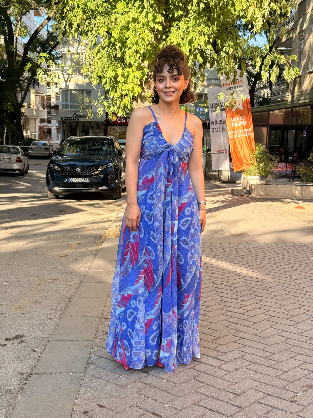 İp Askılı Şifon Elbise Mavi