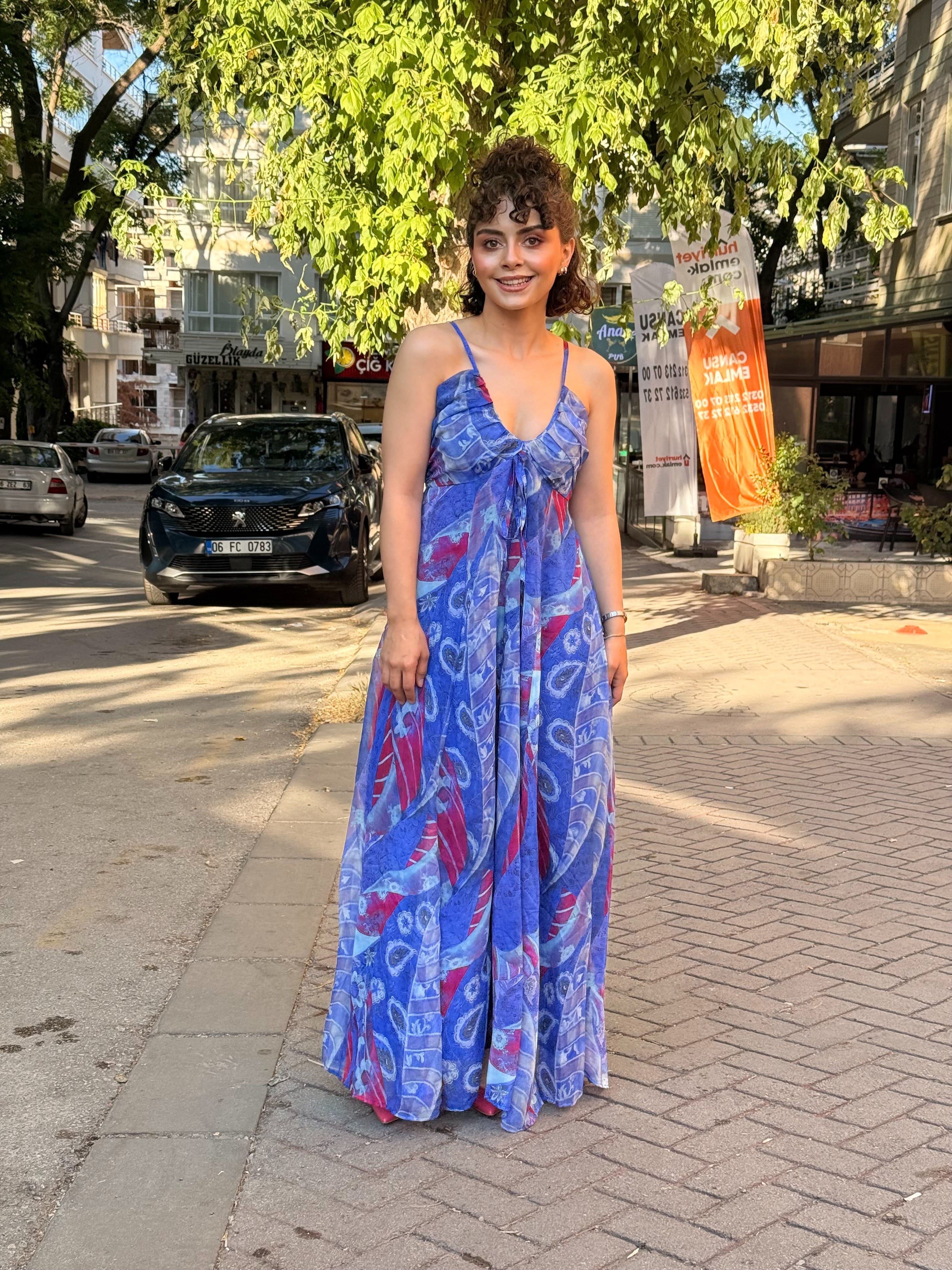 İp Askılı Şifon Elbise Mavi