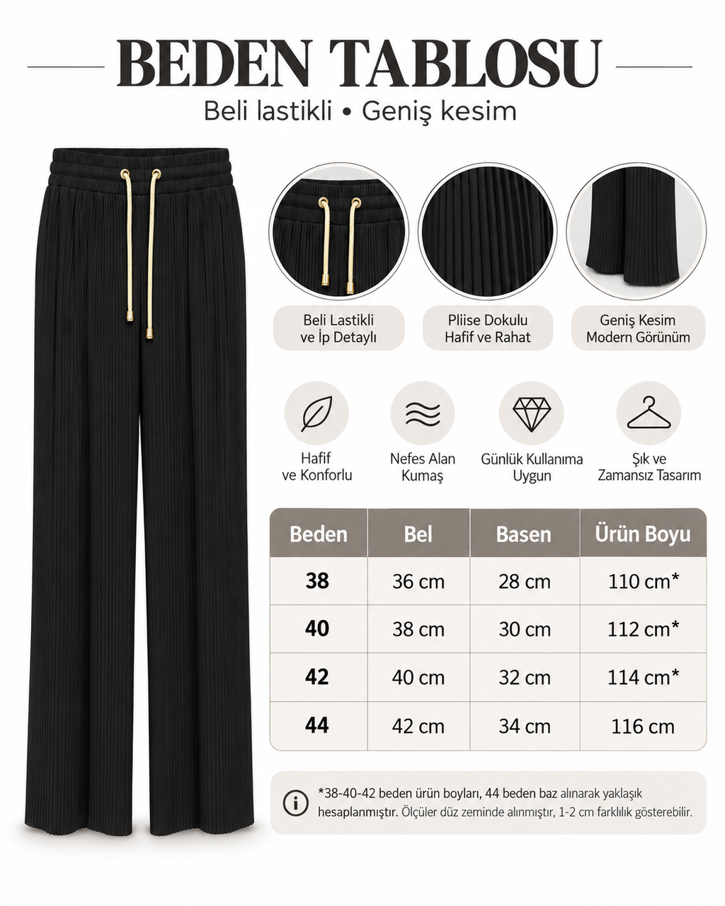 Pilise Dokulu Geniş Kesim Pantolon - Siyah