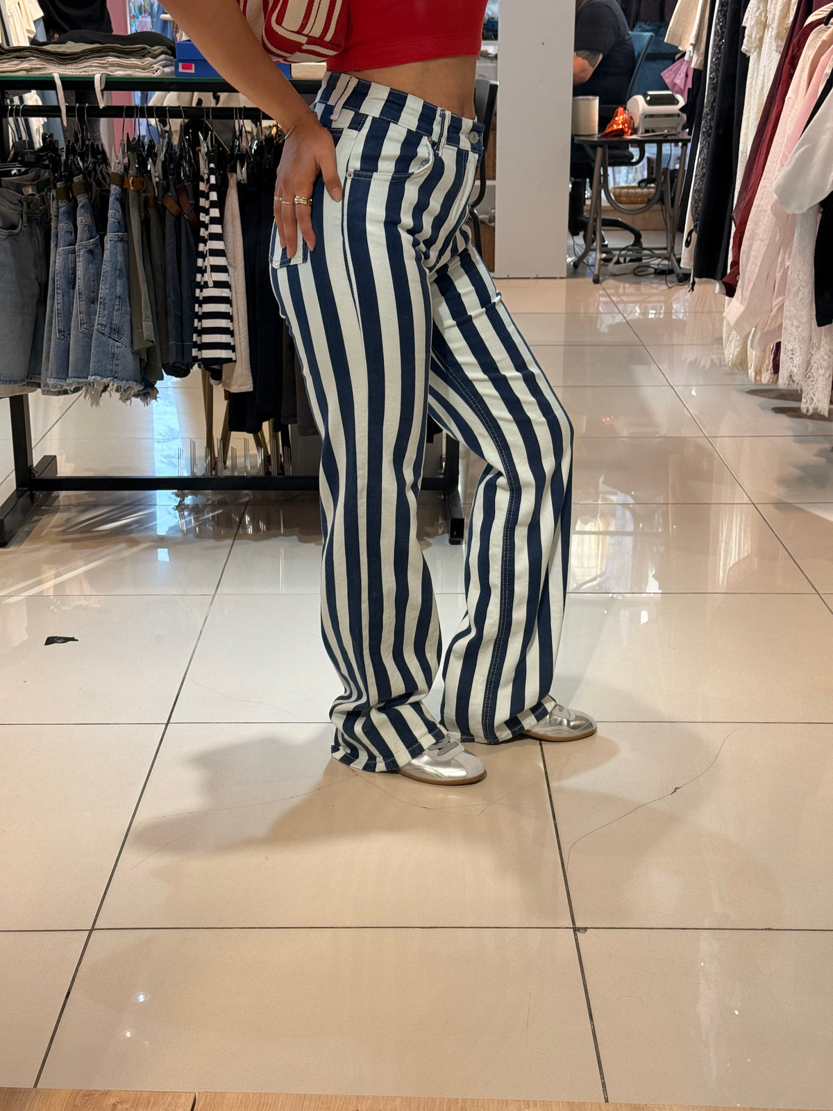 Çizgili Yüksek Bel Jean Pantolon