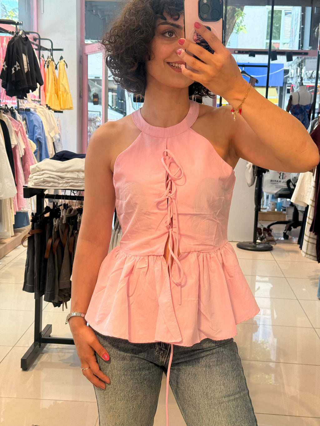 Bağcık Detaylı Peplum Bluz – Pembe
