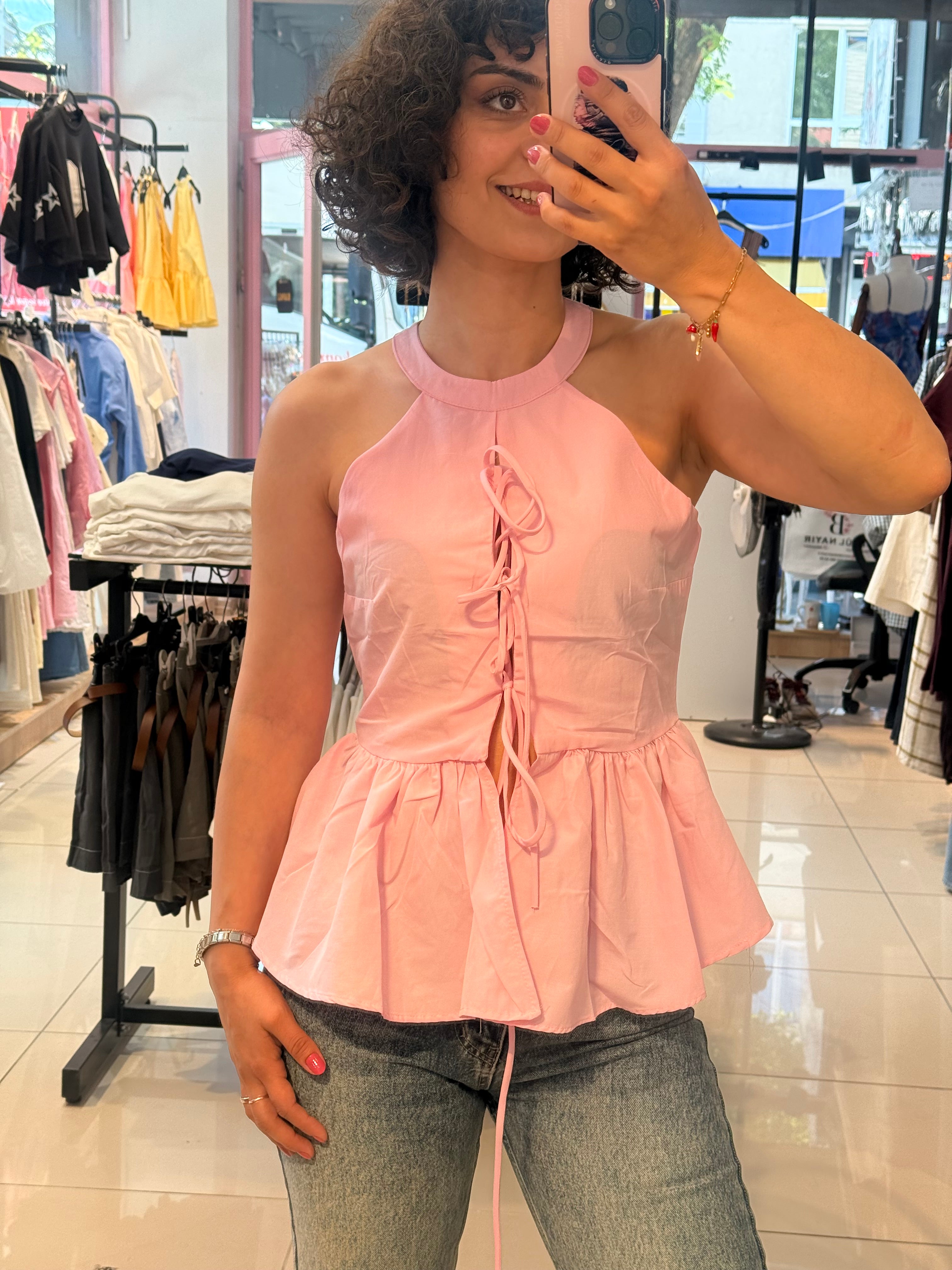 Bağcık Detaylı Peplum Bluz – Pembe