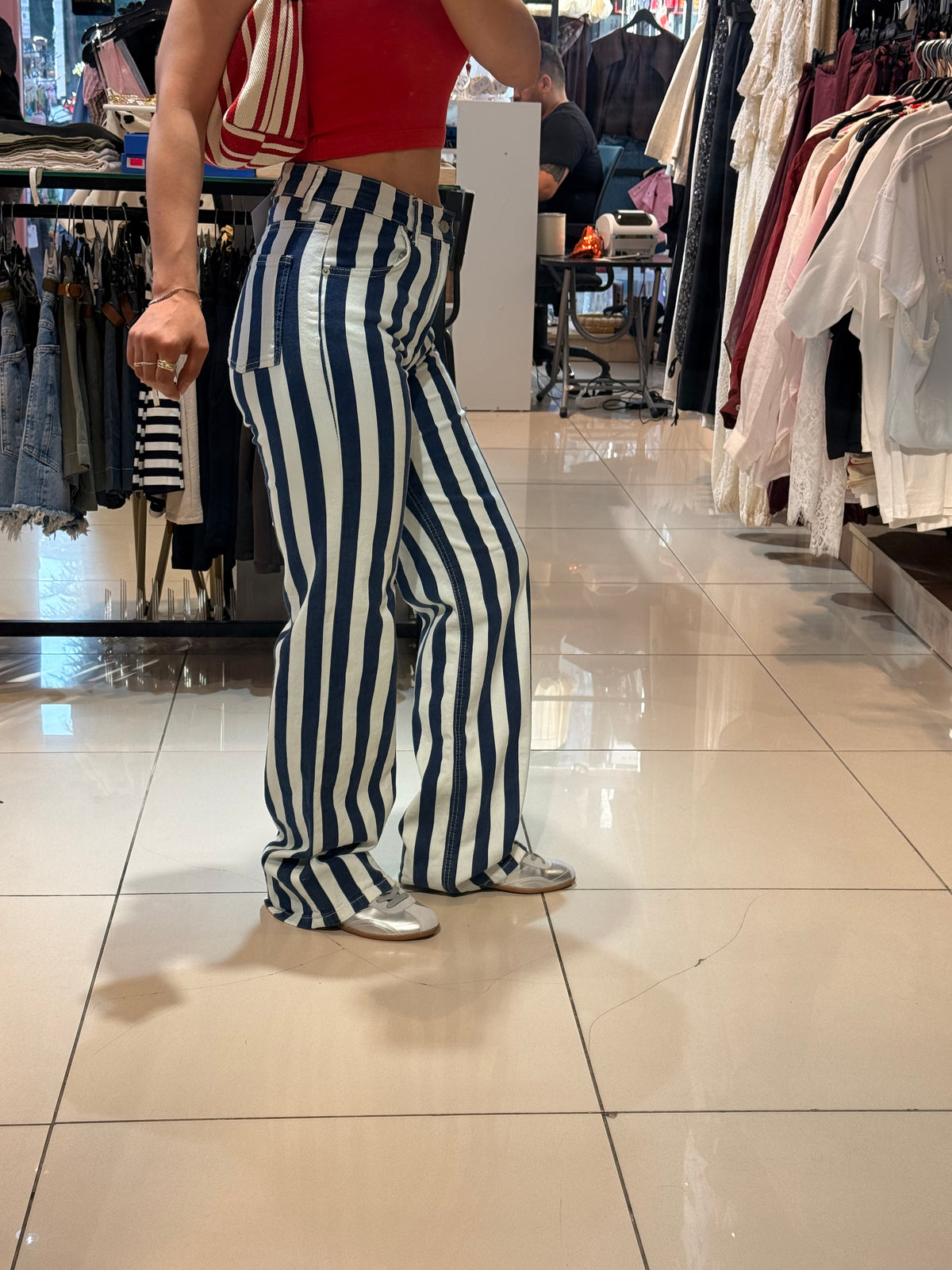 Çizgili Yüksek Bel Jean Pantolon