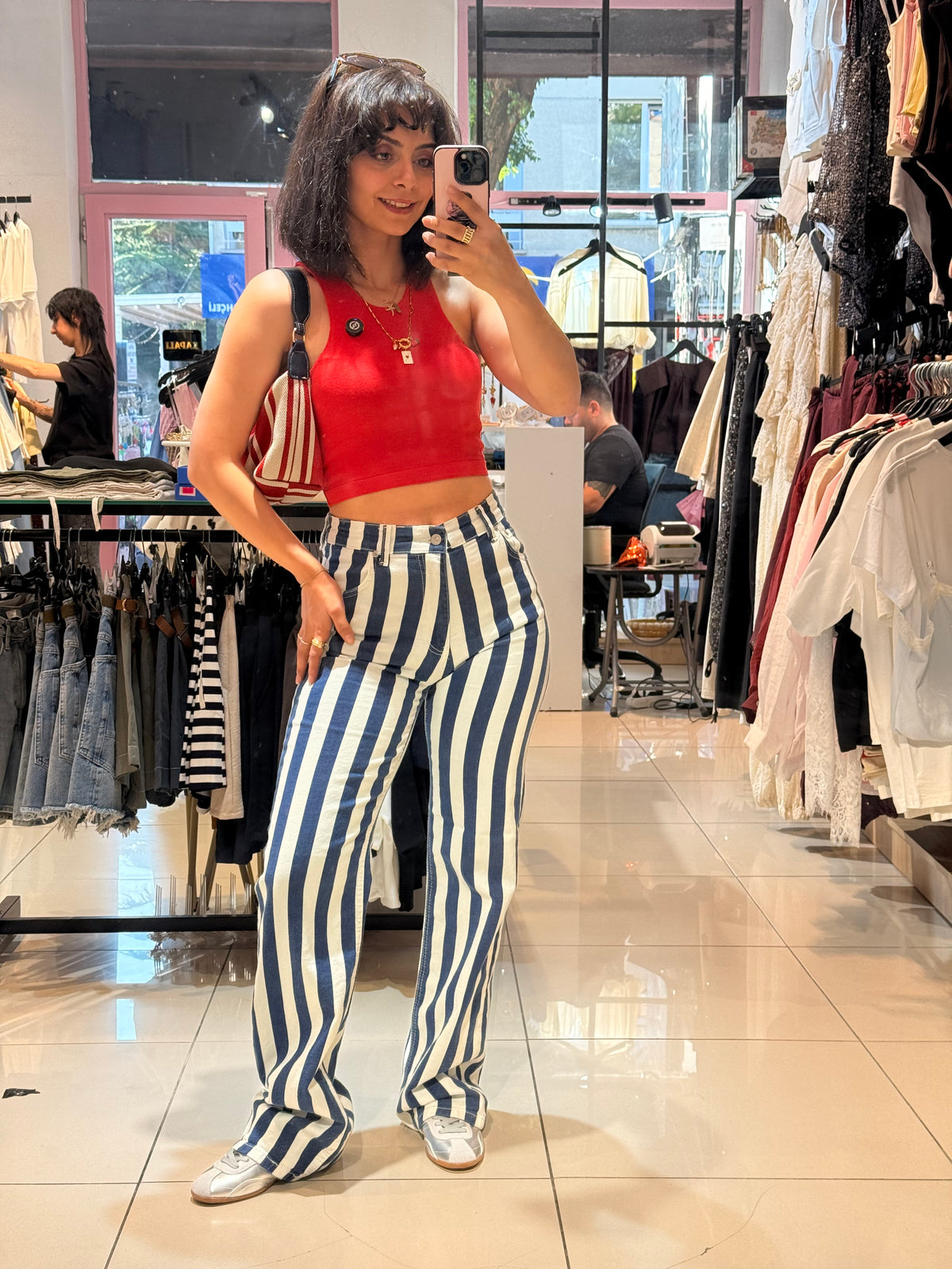 Çizgili Yüksek Bel Jean Pantolon