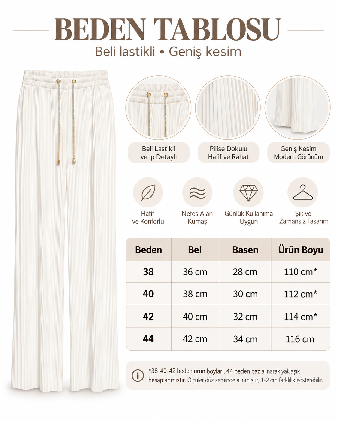 Pilise Dokulu Geniş Kesim Pantolon - Beyaz