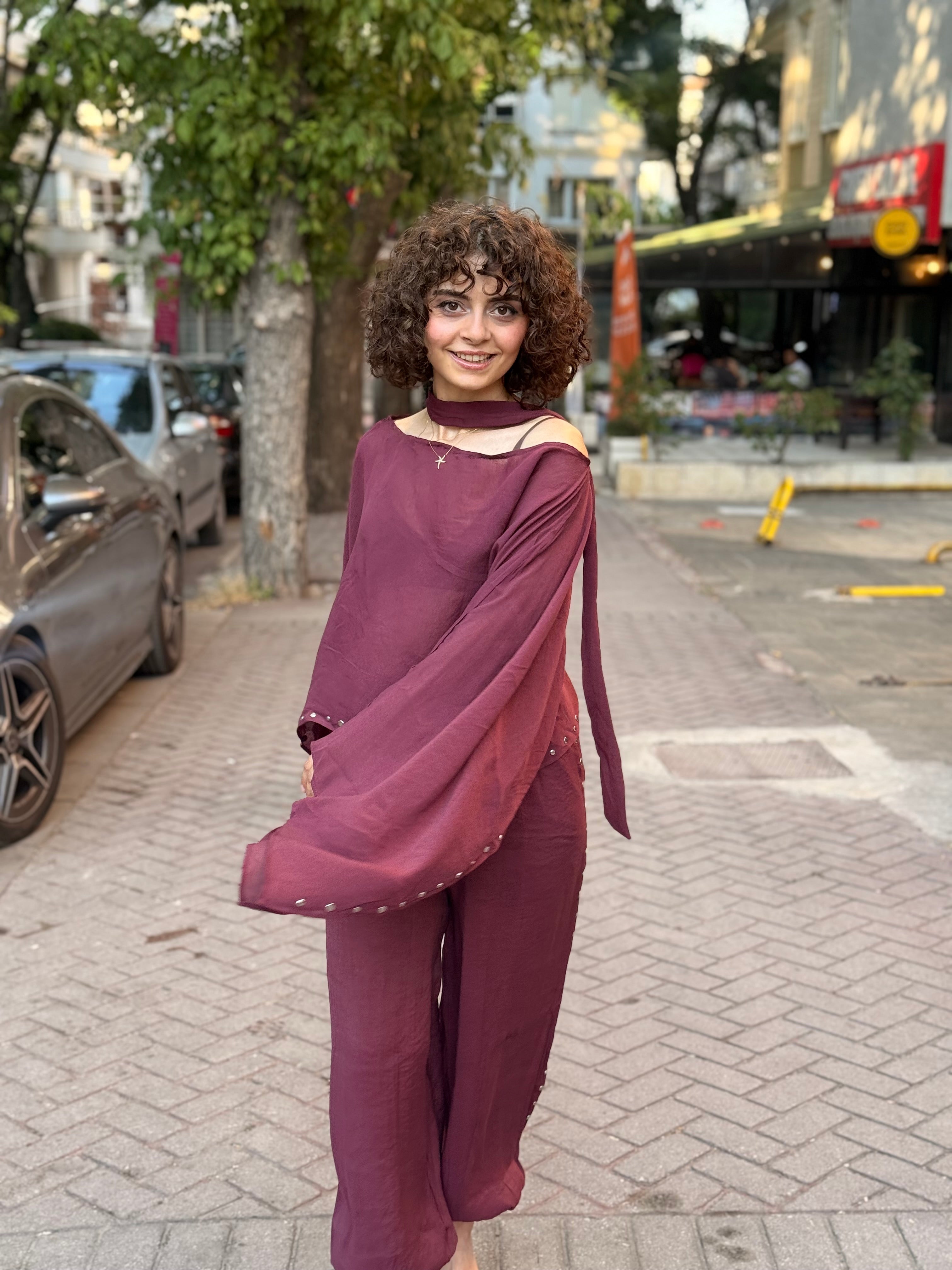 Zımba detaylı pelerin takım (bordo)