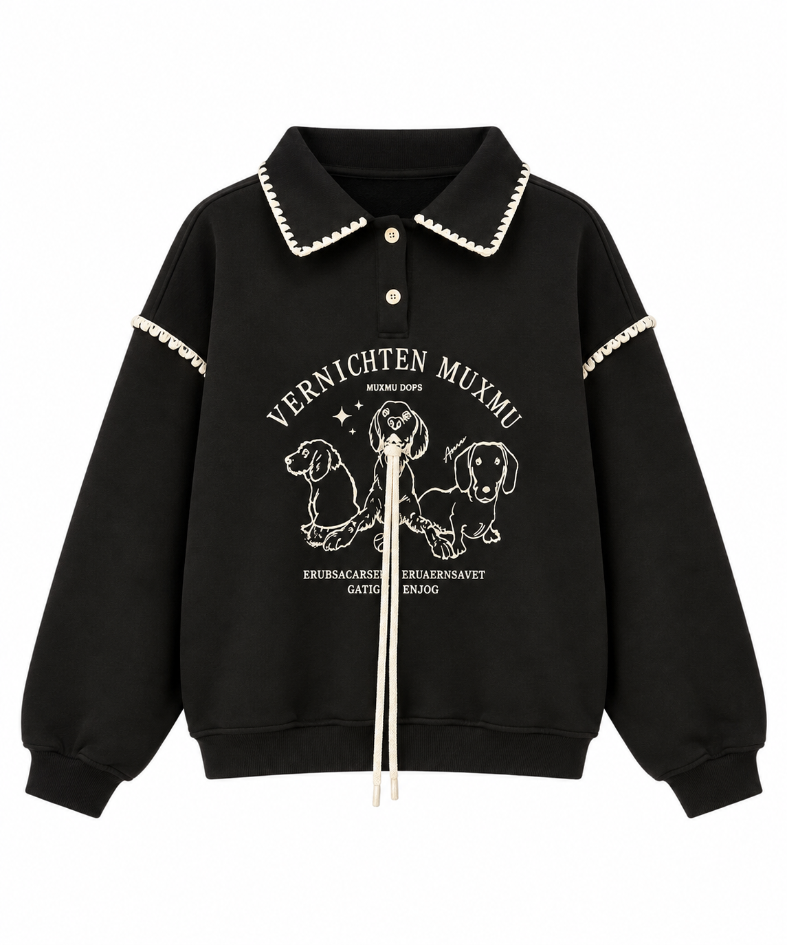 Siyah Köpek Desenli Polo Sweatshirt