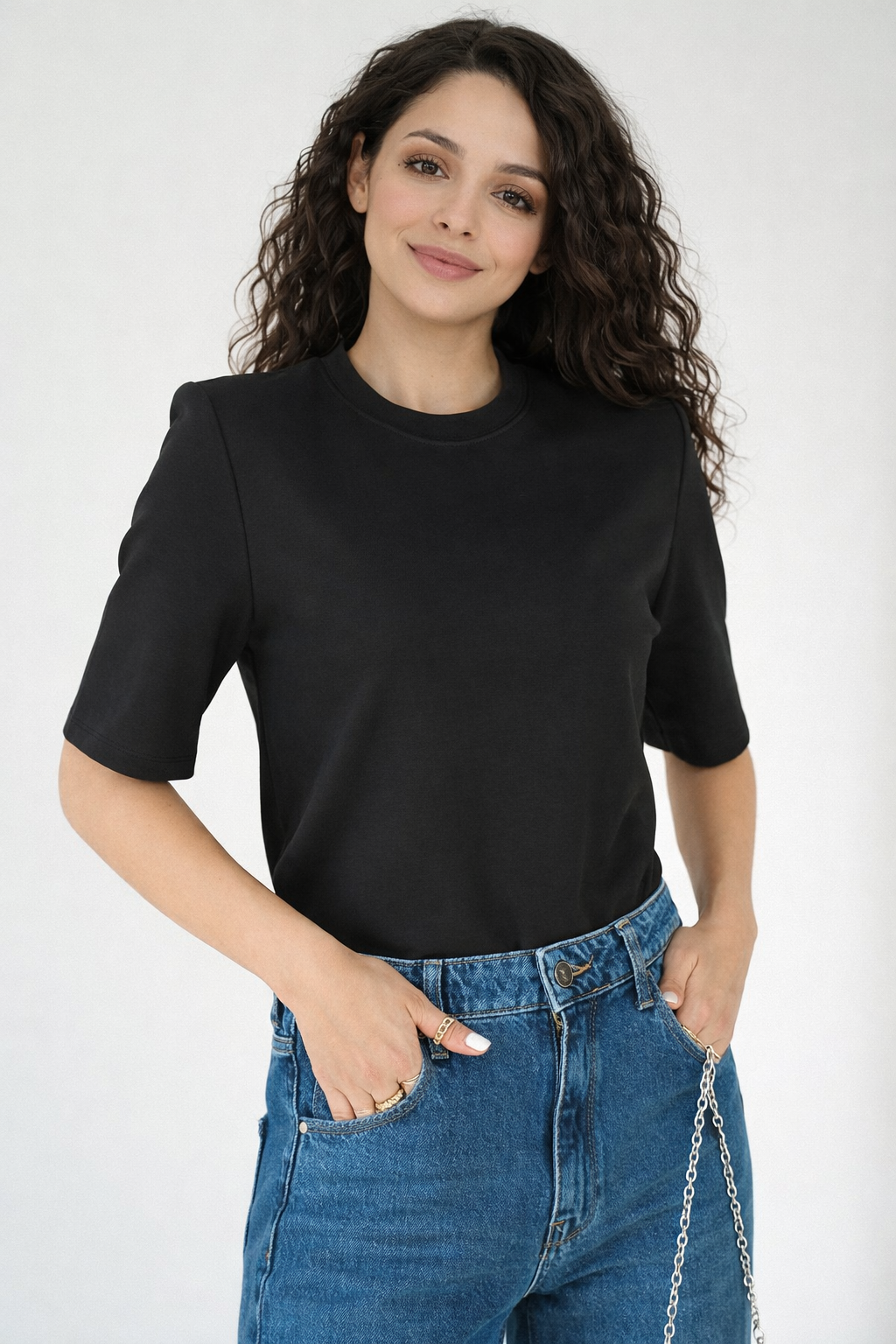 Siyah Rosa Vatkalı Tişört