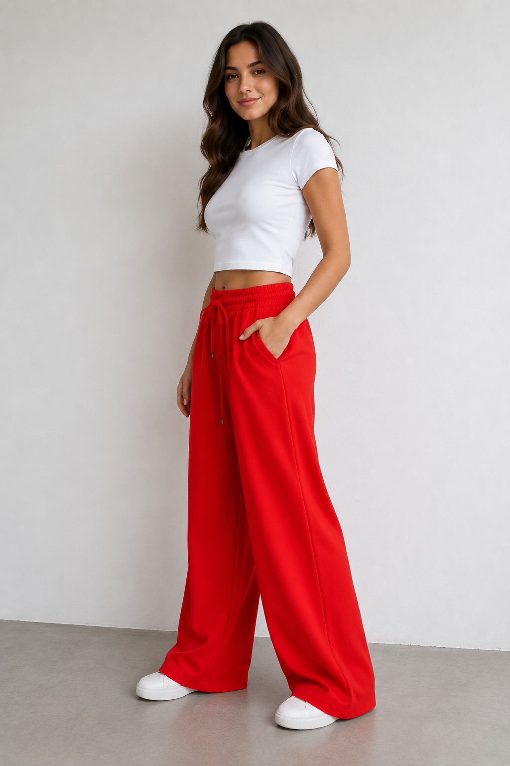 Beli Lastikli Bol Paça Pantolon Kırmızı