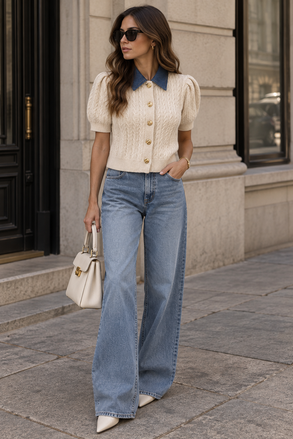 Denim Yakalı Yumuşak Dokulu Kısa Kol Triko Hırka Ekru