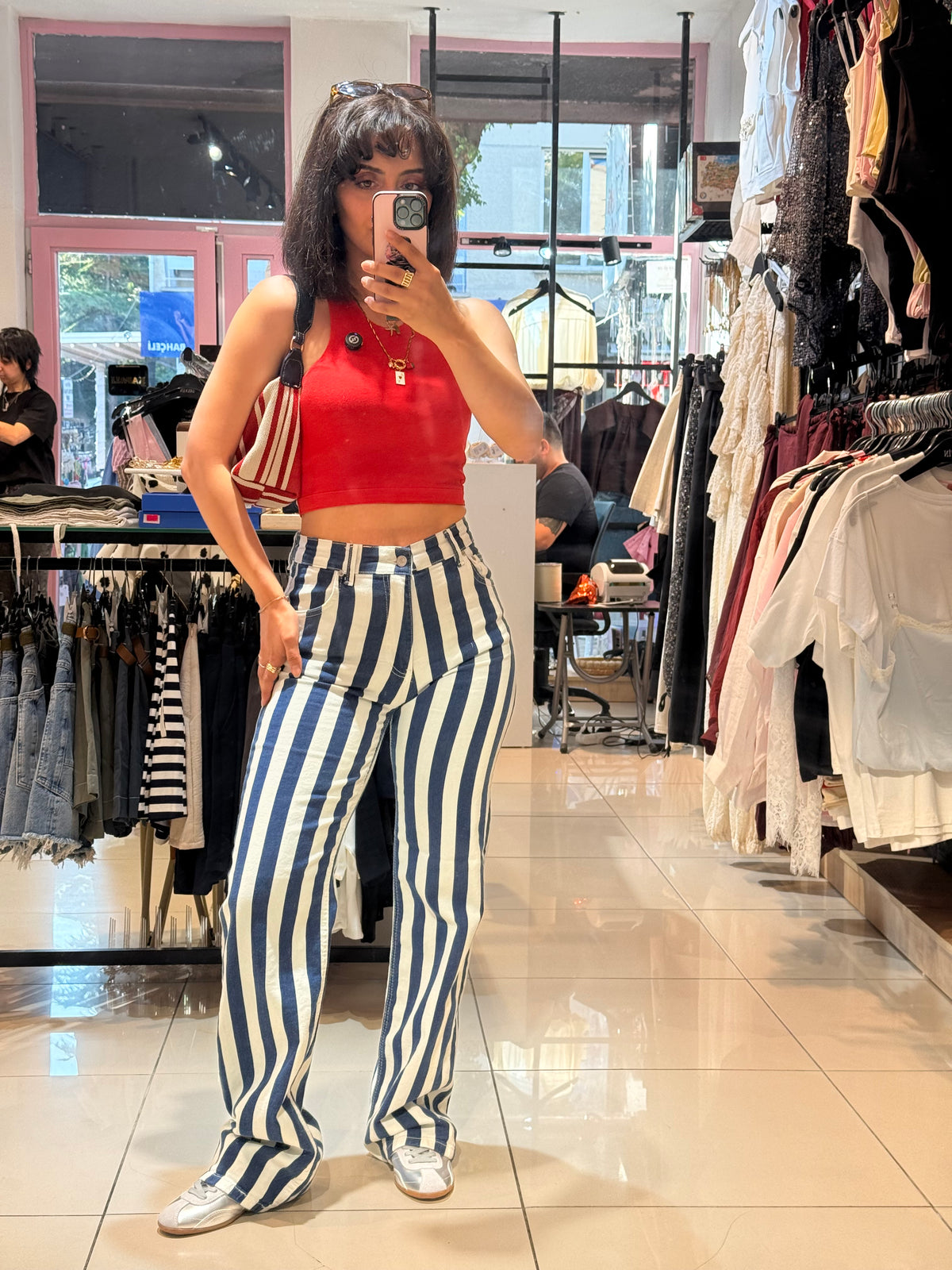 Çizgili Yüksek Bel Jean Pantolon