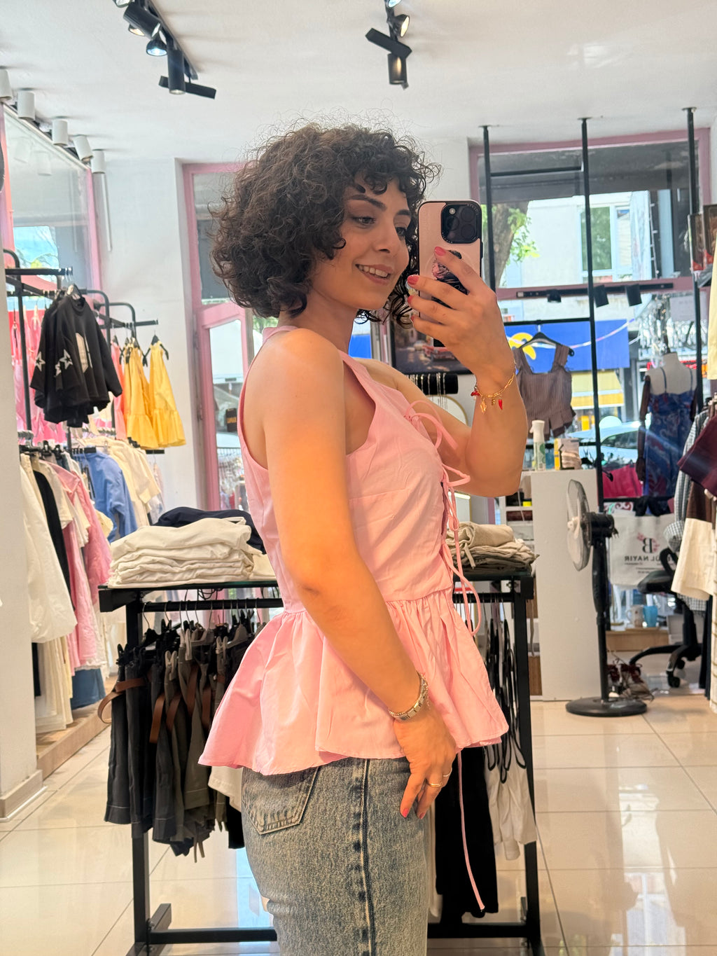 Bağcık Detaylı Peplum Bluz – Pembe