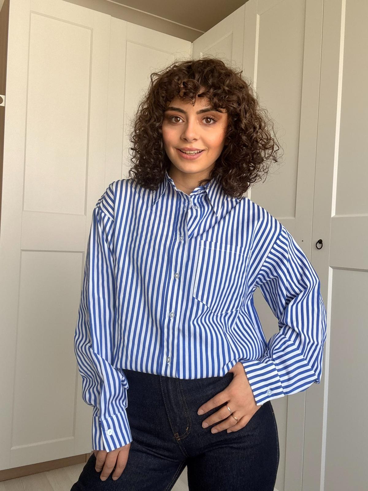 Mavi Beyaz Çizgili Oversize Kadın Gömlek