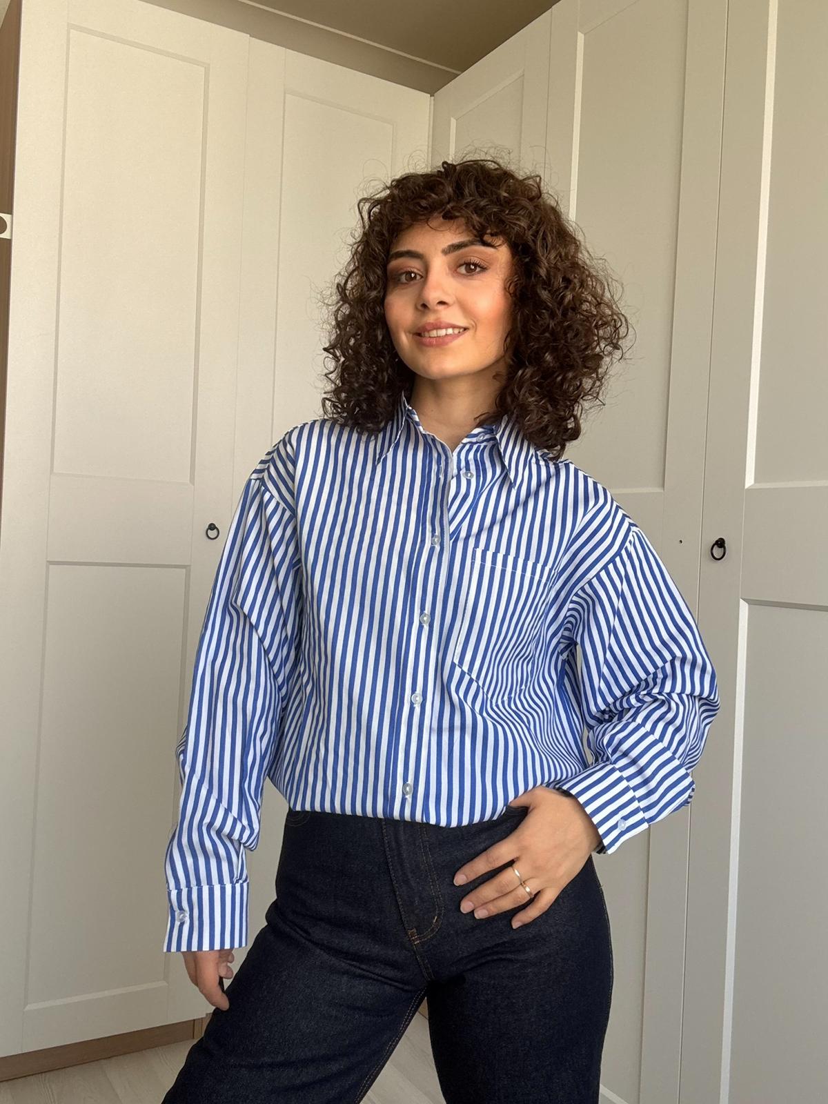 Mavi Beyaz Çizgili Oversize Kadın Gömlek