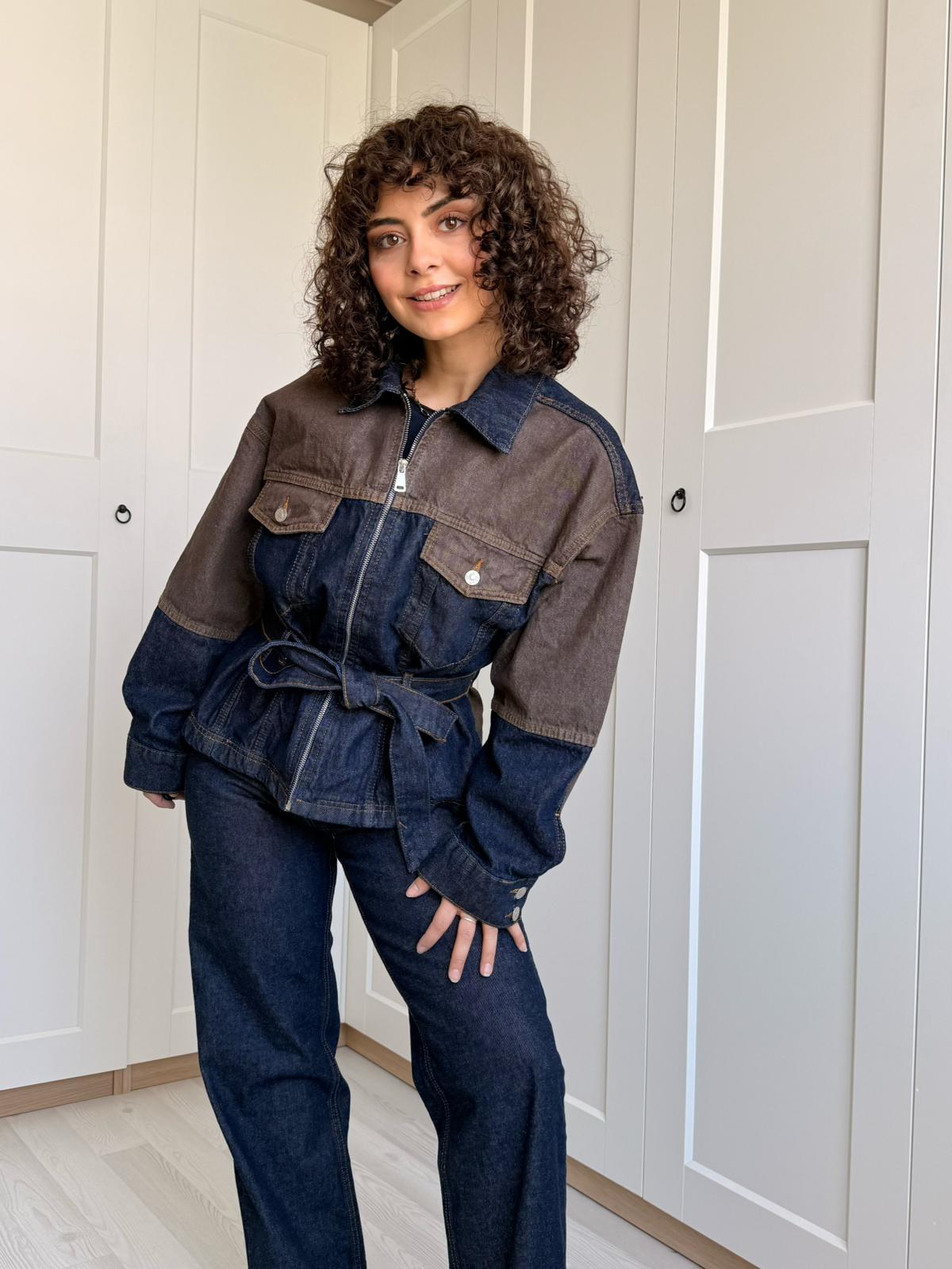 Denim Kahve Detaylı Ceket Pantolon Takım