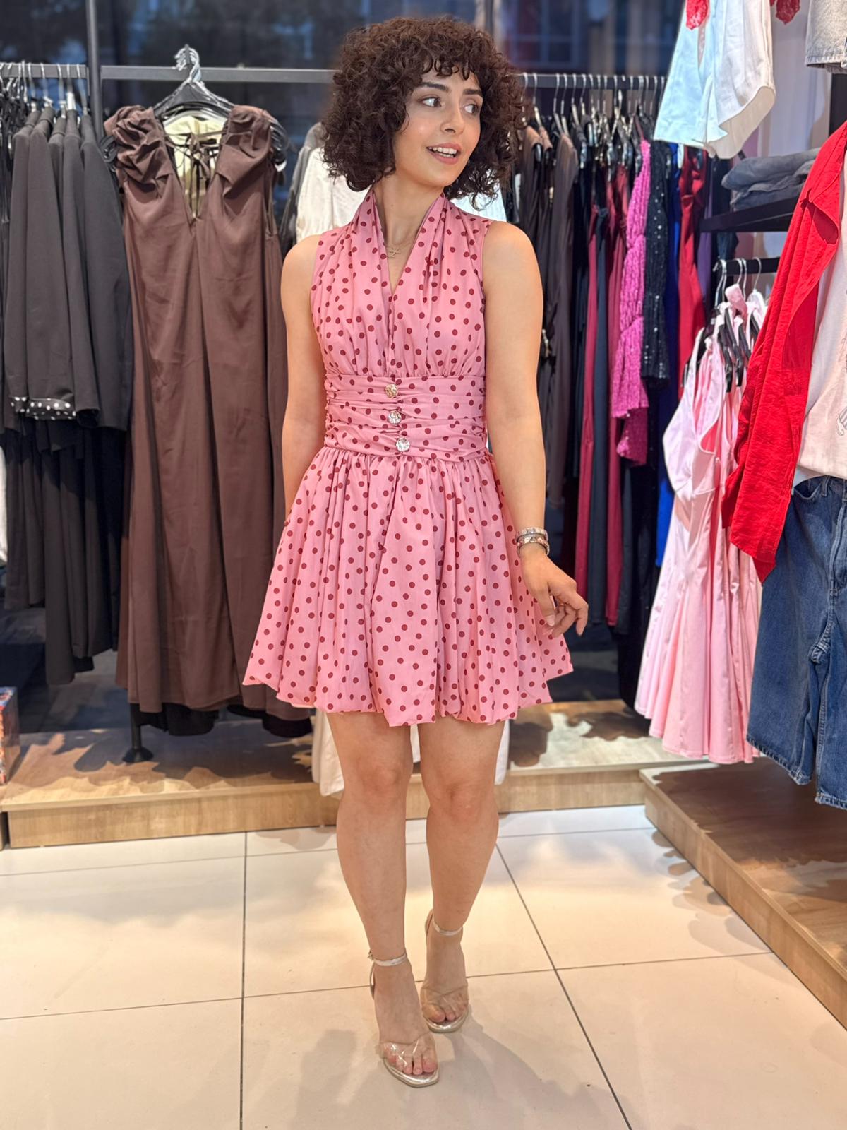 Pembe Puantiyeli Boyundan Bağlamalı Elbise