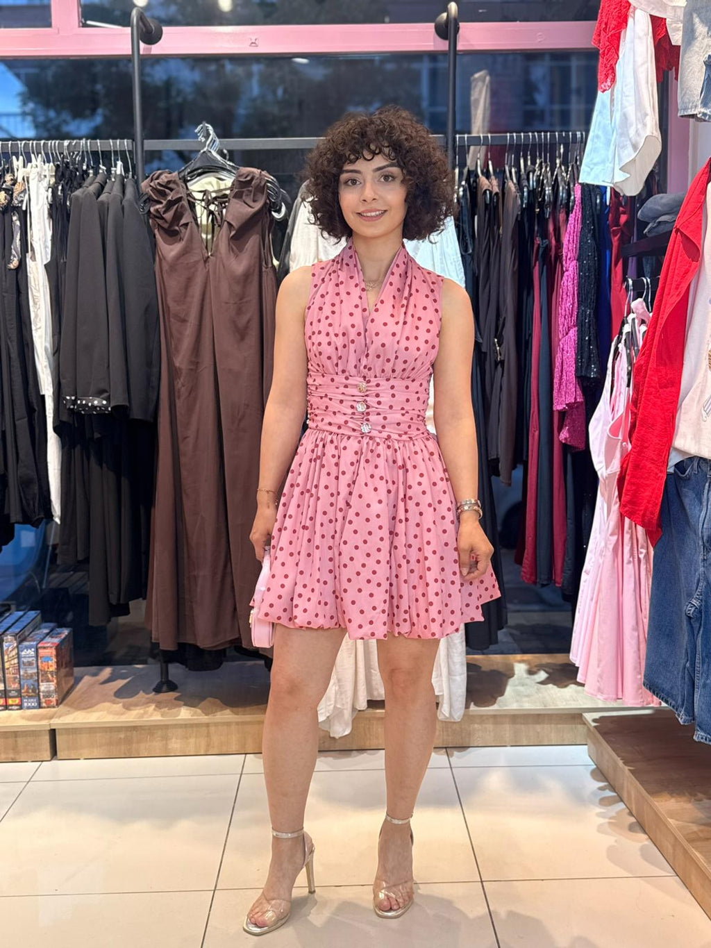 Pembe Puantiyeli Boyundan Bağlamalı Elbise