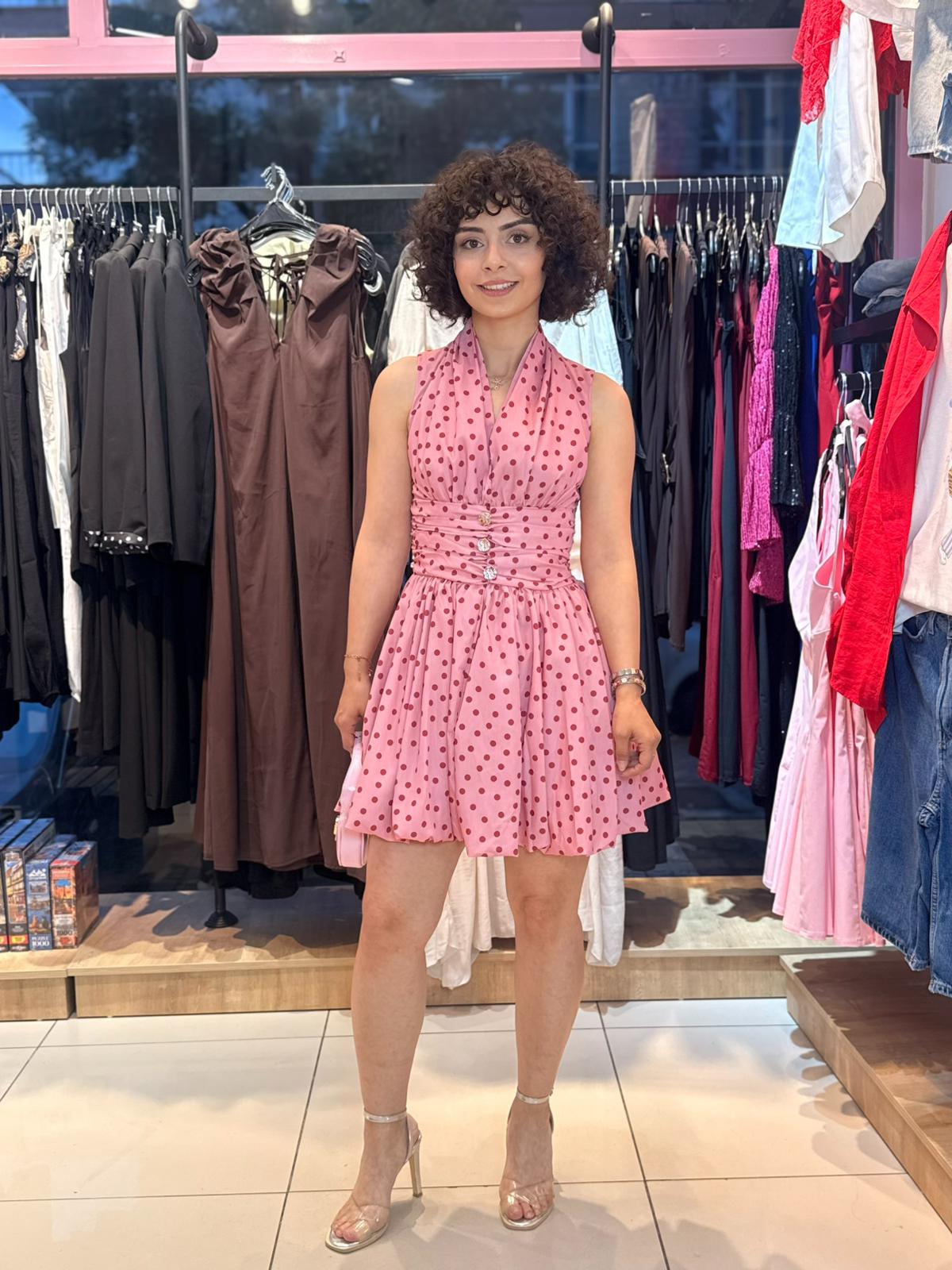 Pembe Puantiyeli Boyundan Bağlamalı Elbise
