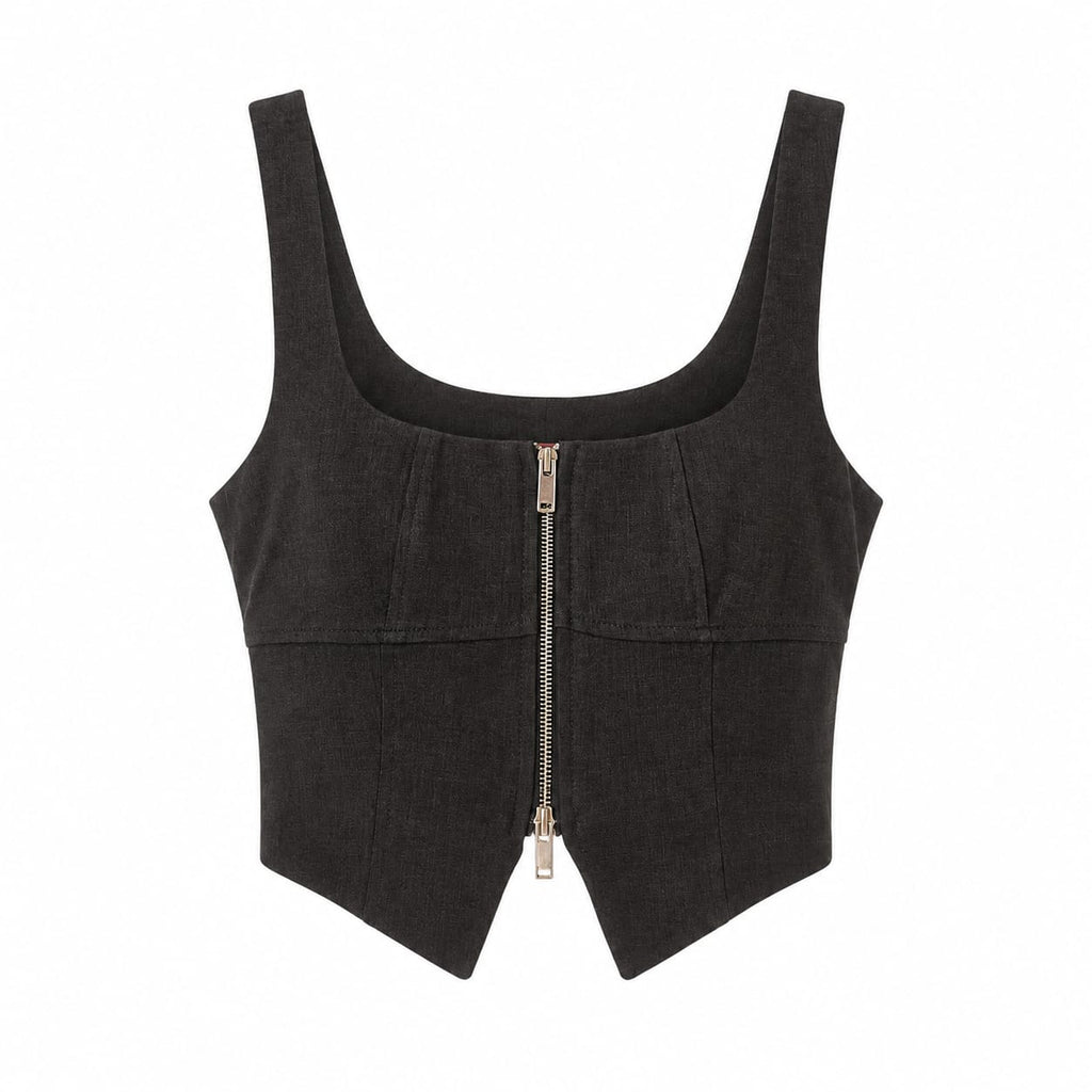 Kare Yaka Fermuarlı Crop Bluz Gri