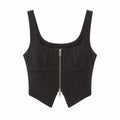 Kare Yaka Fermuarlı Crop Bluz Gri