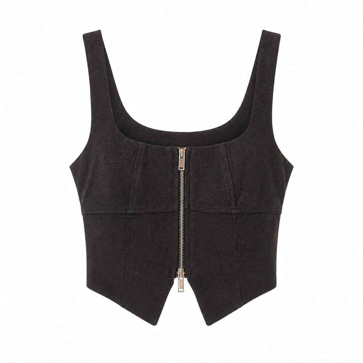 Kare Yaka Fermuarlı Crop Bluz Gri