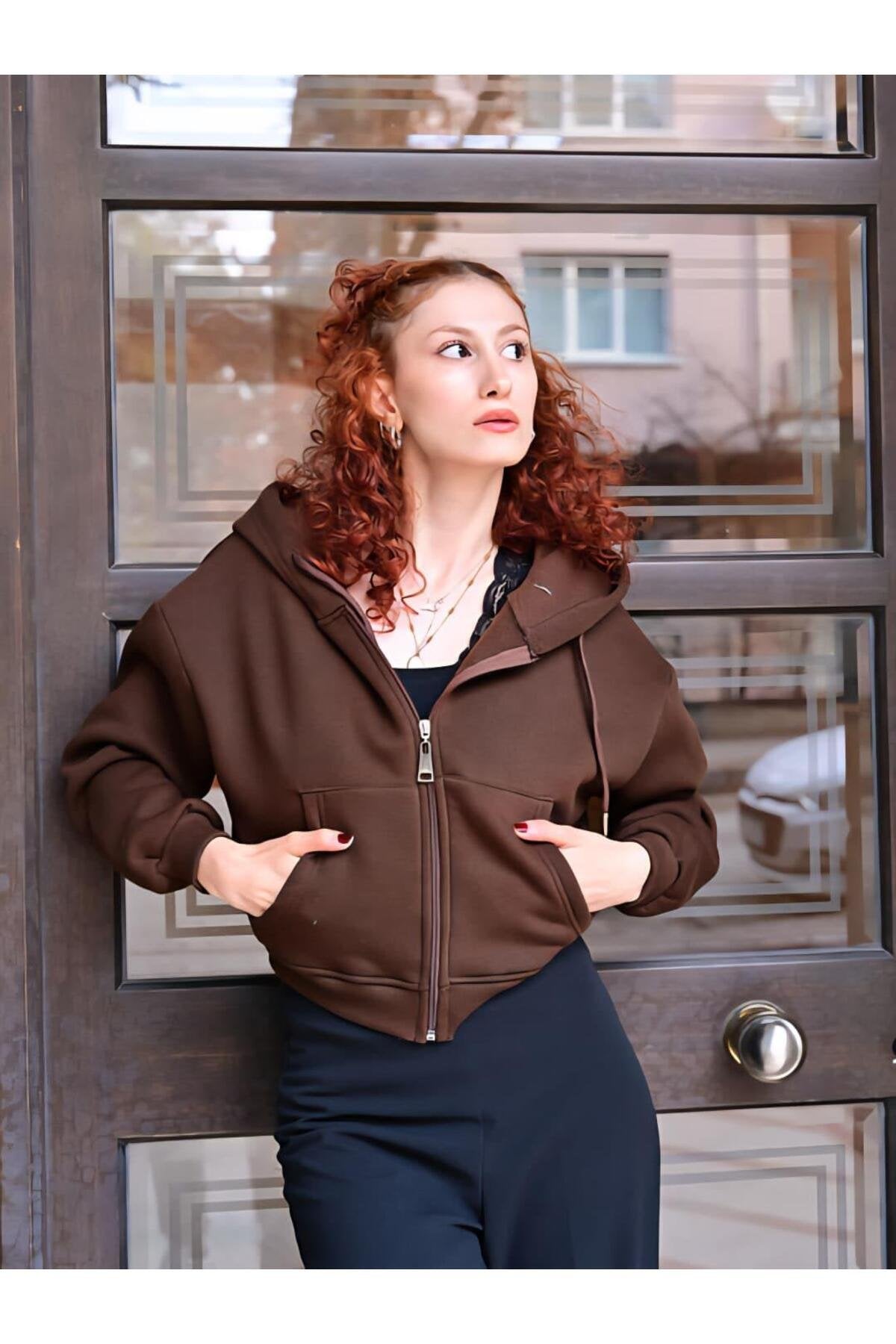 Kapüşonlu Crop Sweatshirt -Kahve
